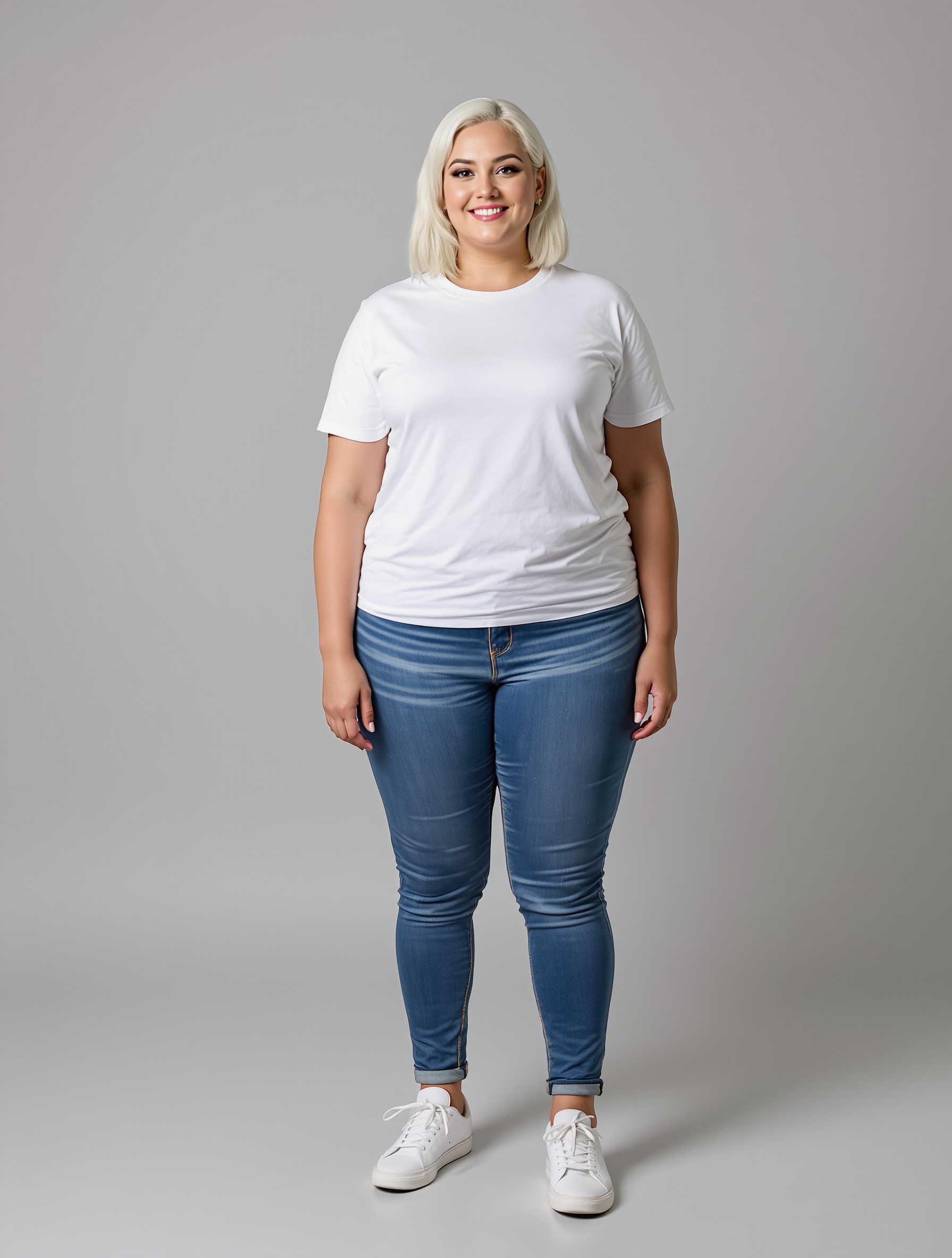 Person with platinum blonde hair in white t-shirt and blue jeans