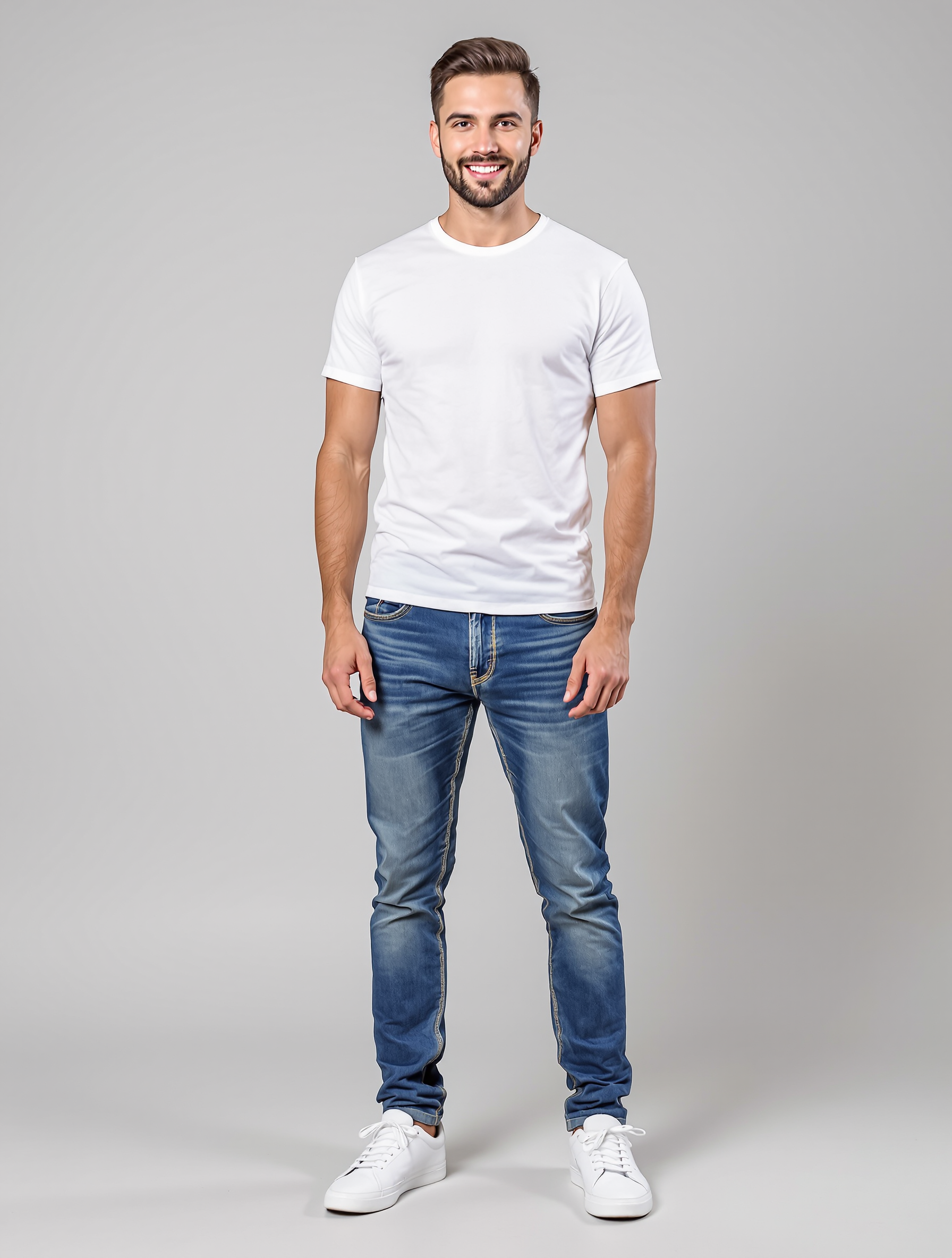Man in white t-shirt and blue jeans smiling at camera