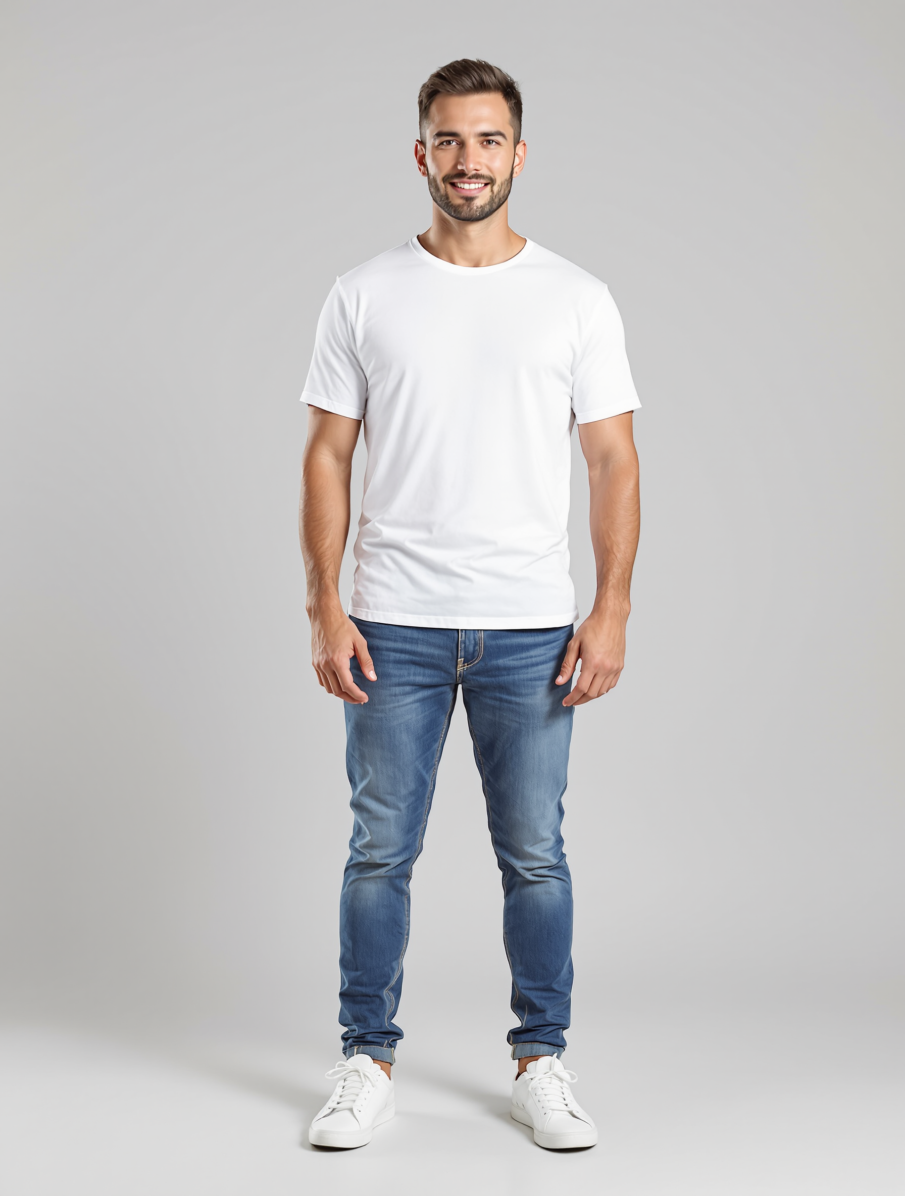Man in white crew neck t-shirt and medium wash jeans
