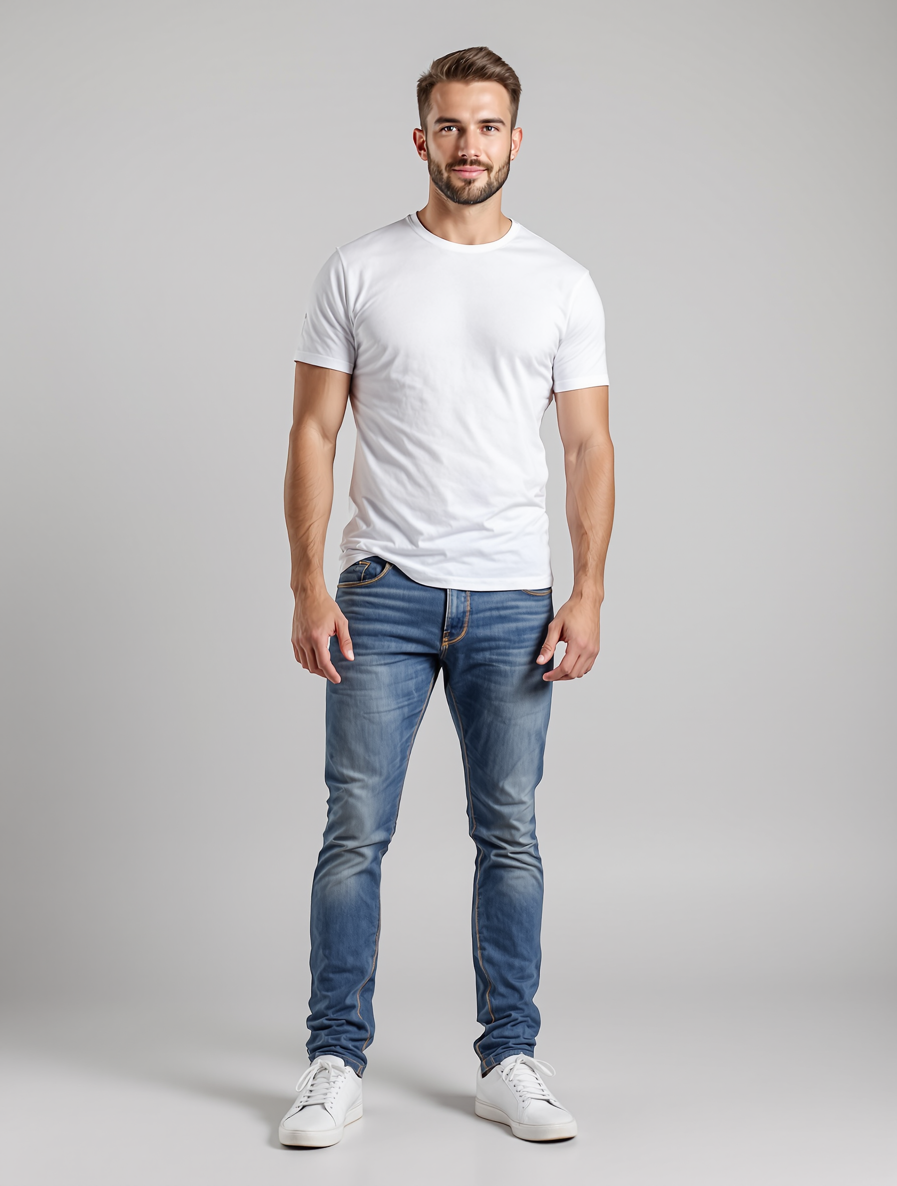 Man in white crew neck t-shirt and blue jeans studio portrait