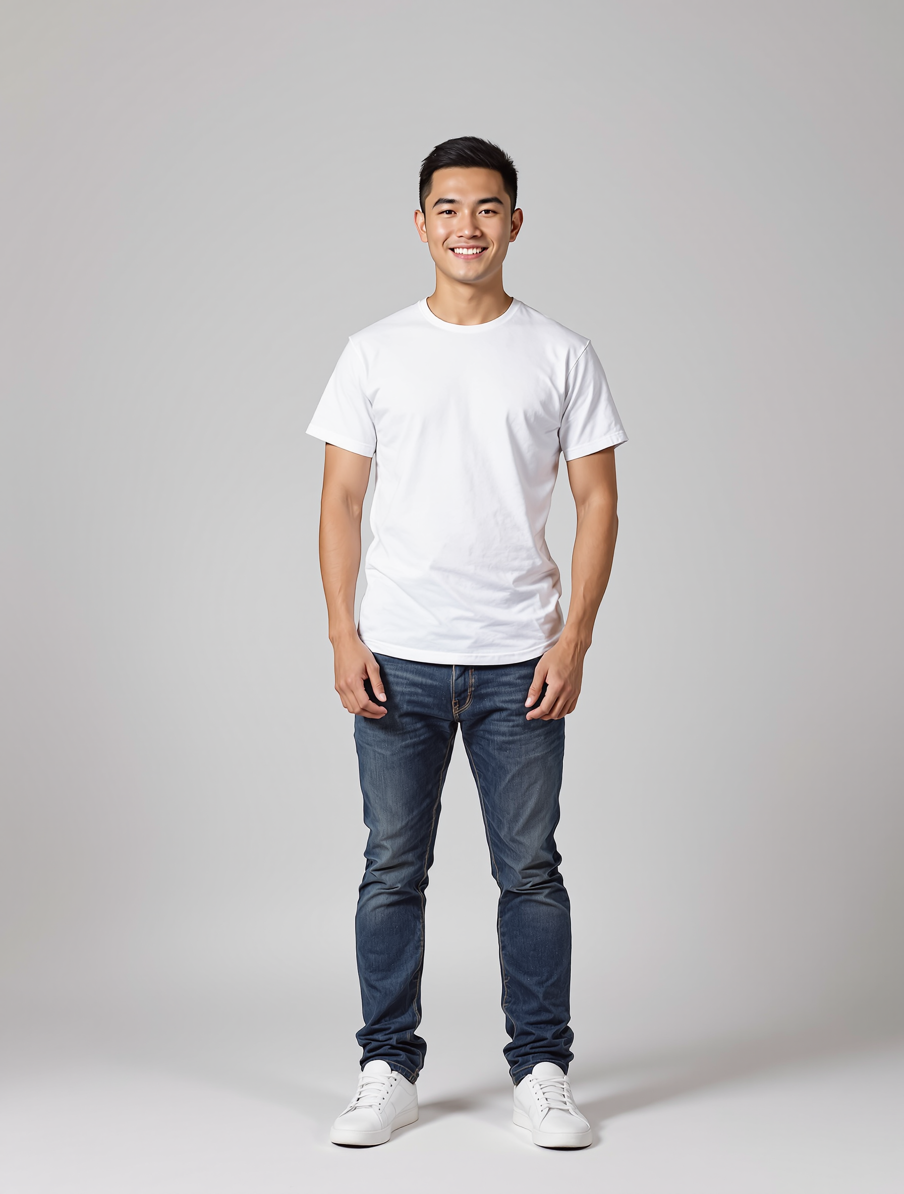 Person in white t-shirt and dark jeans standing against gray background