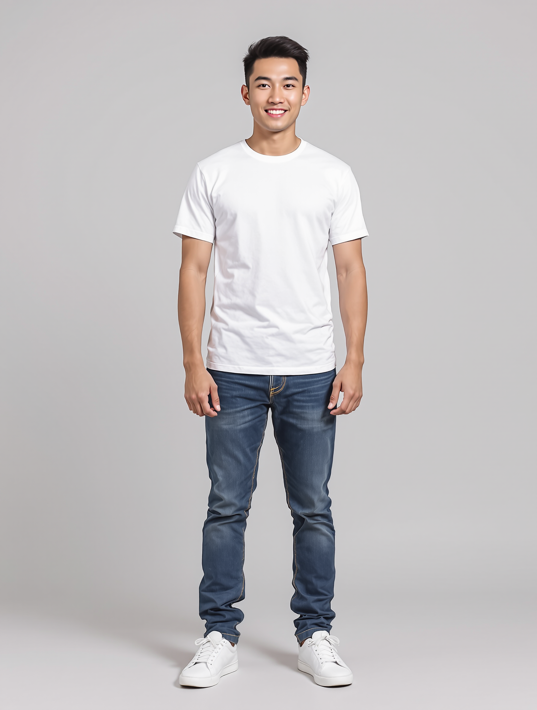 Man in white t-shirt and dark jeans with white sneakers