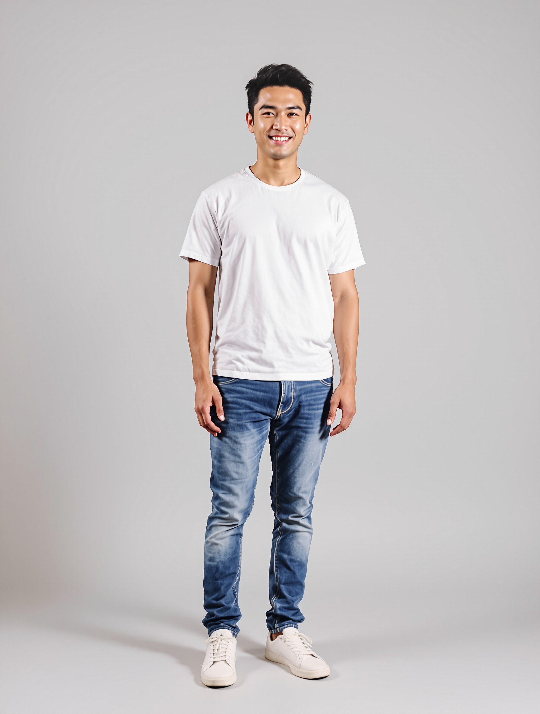 Man in white tee and blue jeans smiling at camera