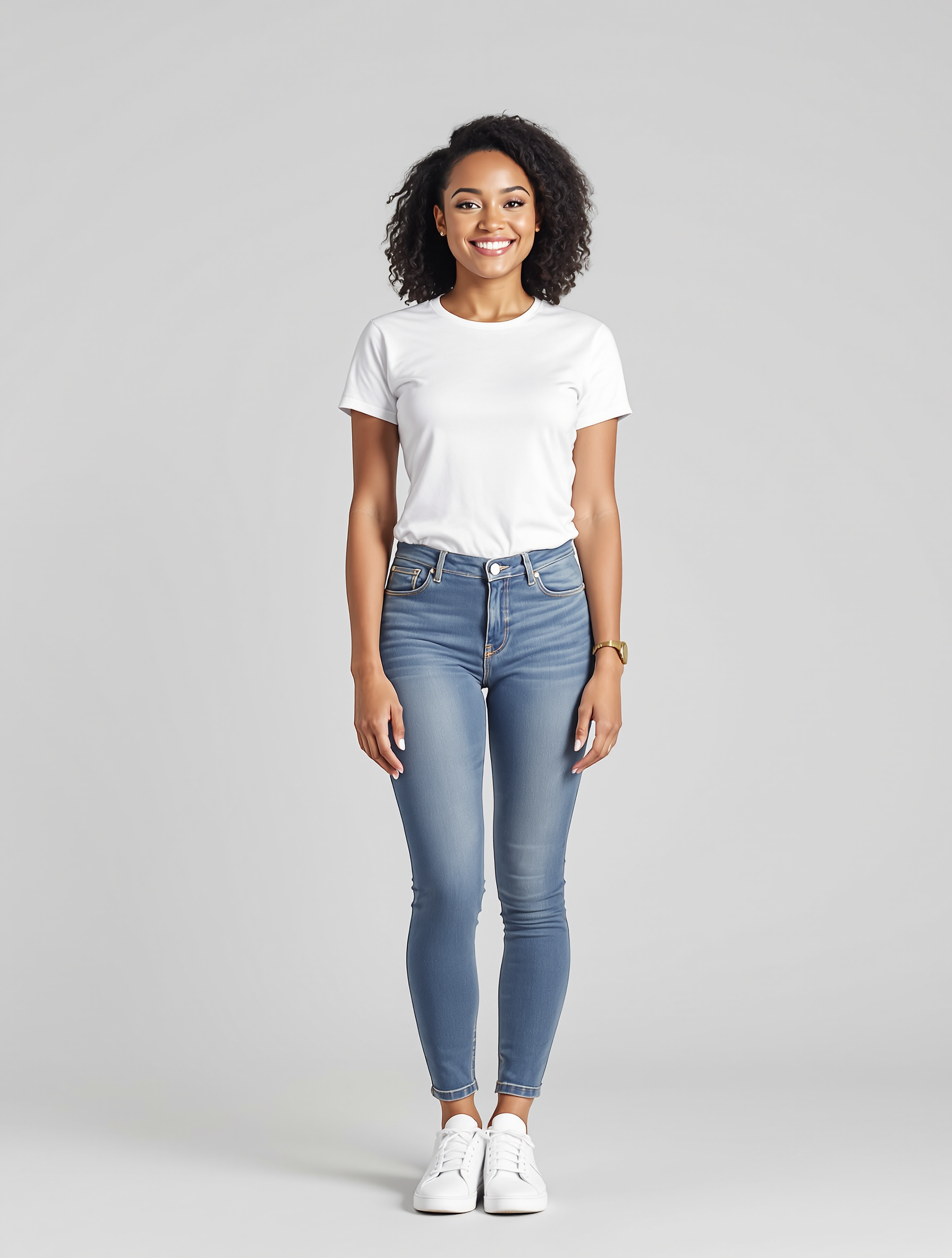 Woman in white t-shirt and blue skinny jeans studio portrait