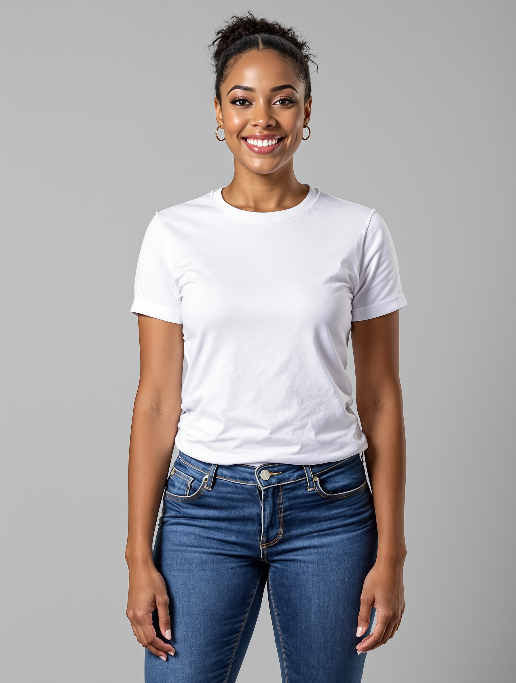 Person in white t-shirt and blue jeans smiling at camera