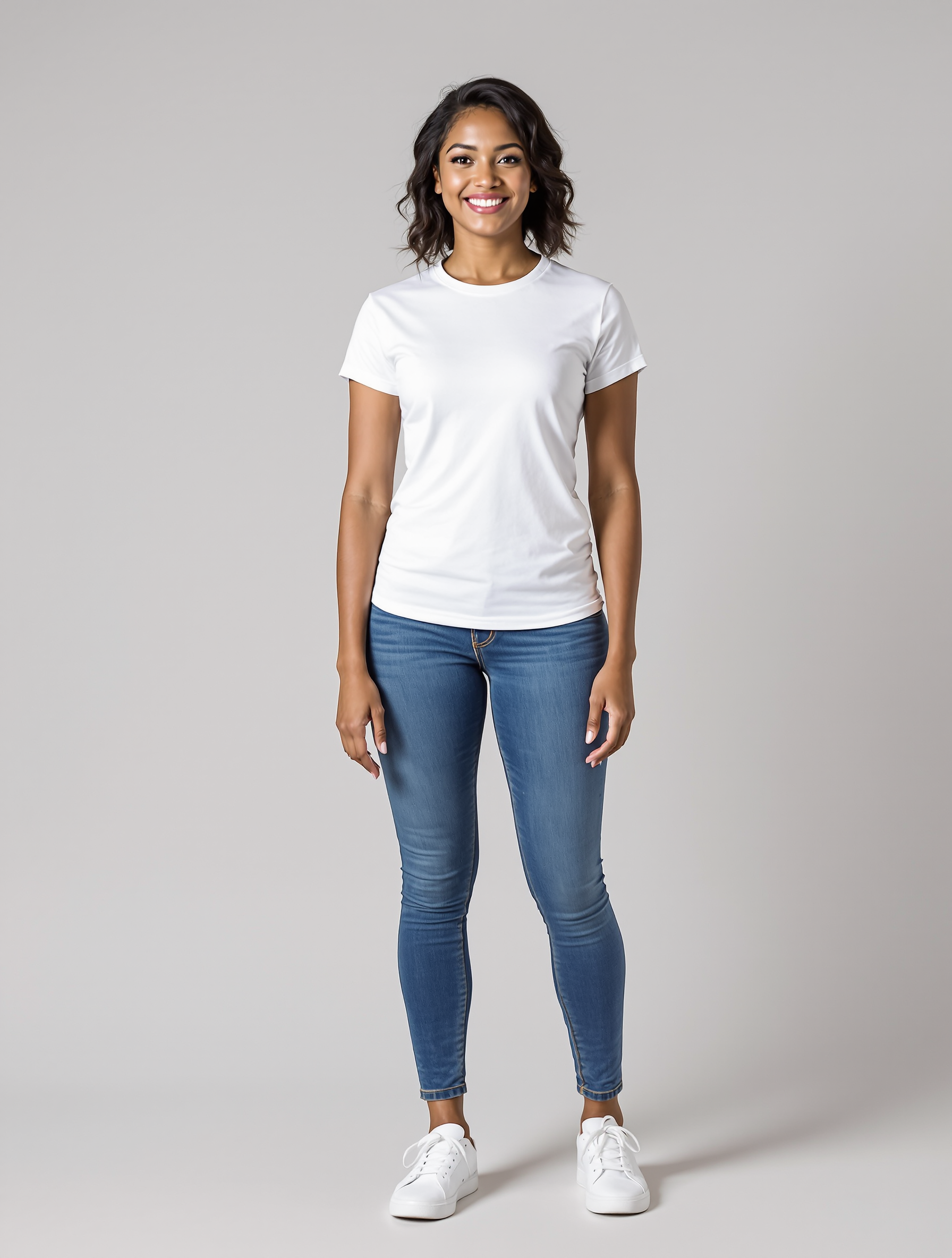 Person in white t-shirt and blue jeans standing against gray background