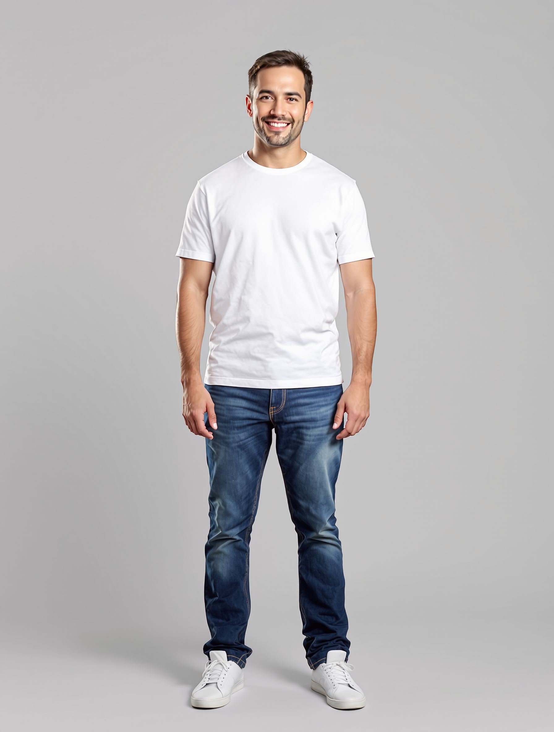 Man in white t-shirt and dark jeans smiling at camera