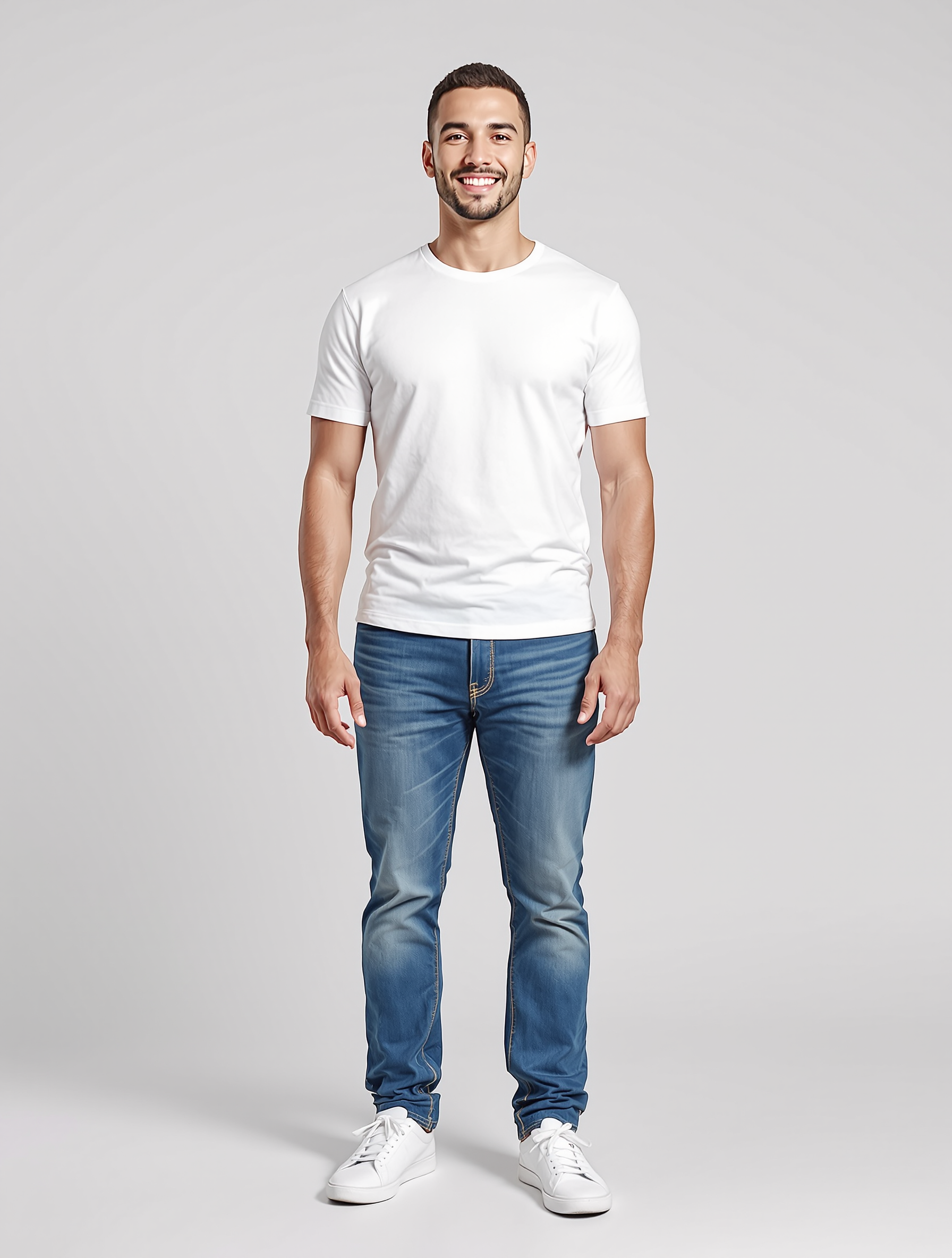 Man in white t-shirt and blue jeans with white sneakers