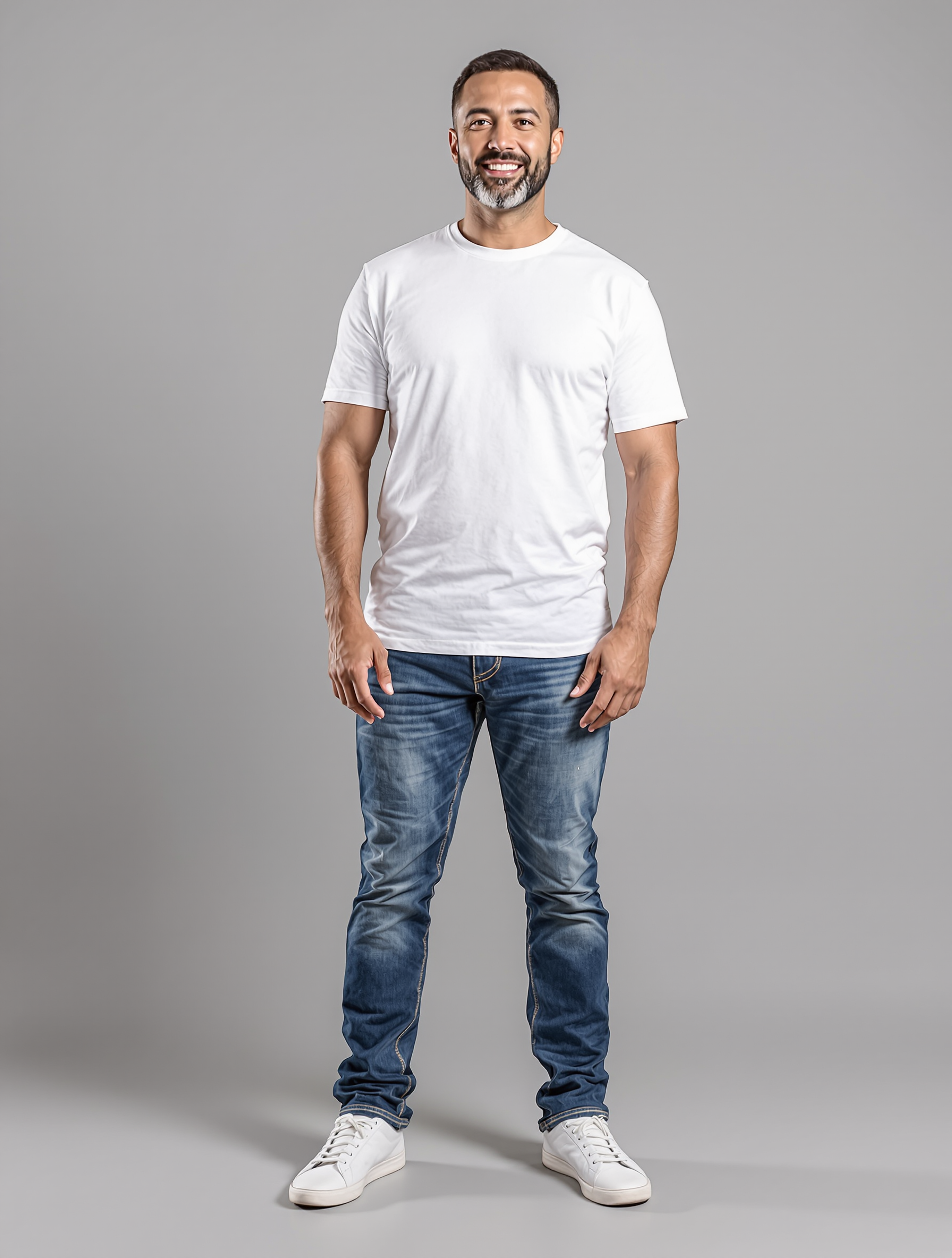 Man in white t-shirt and dark jeans standing against gray background