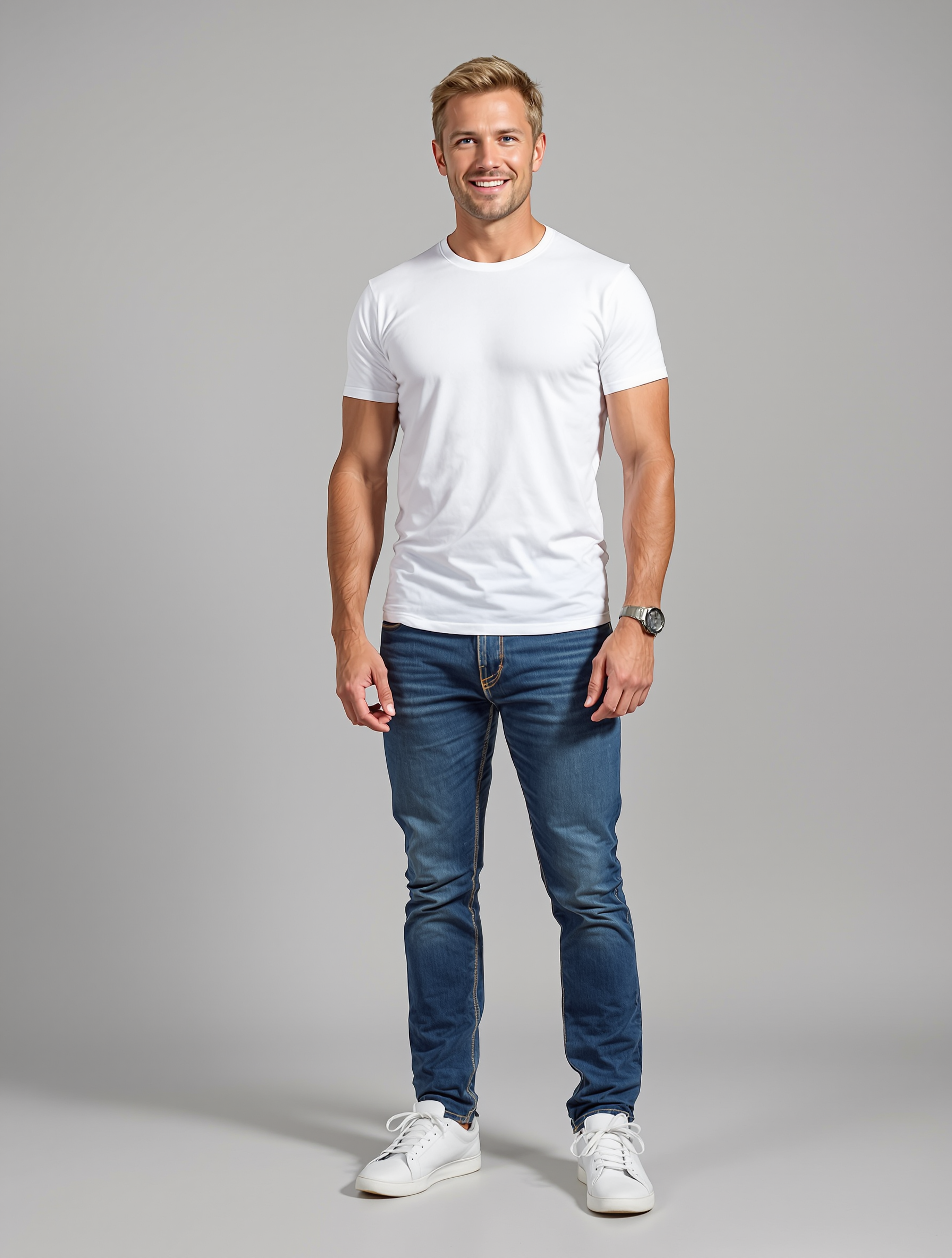 Man in white t-shirt and blue jeans with white sneakers