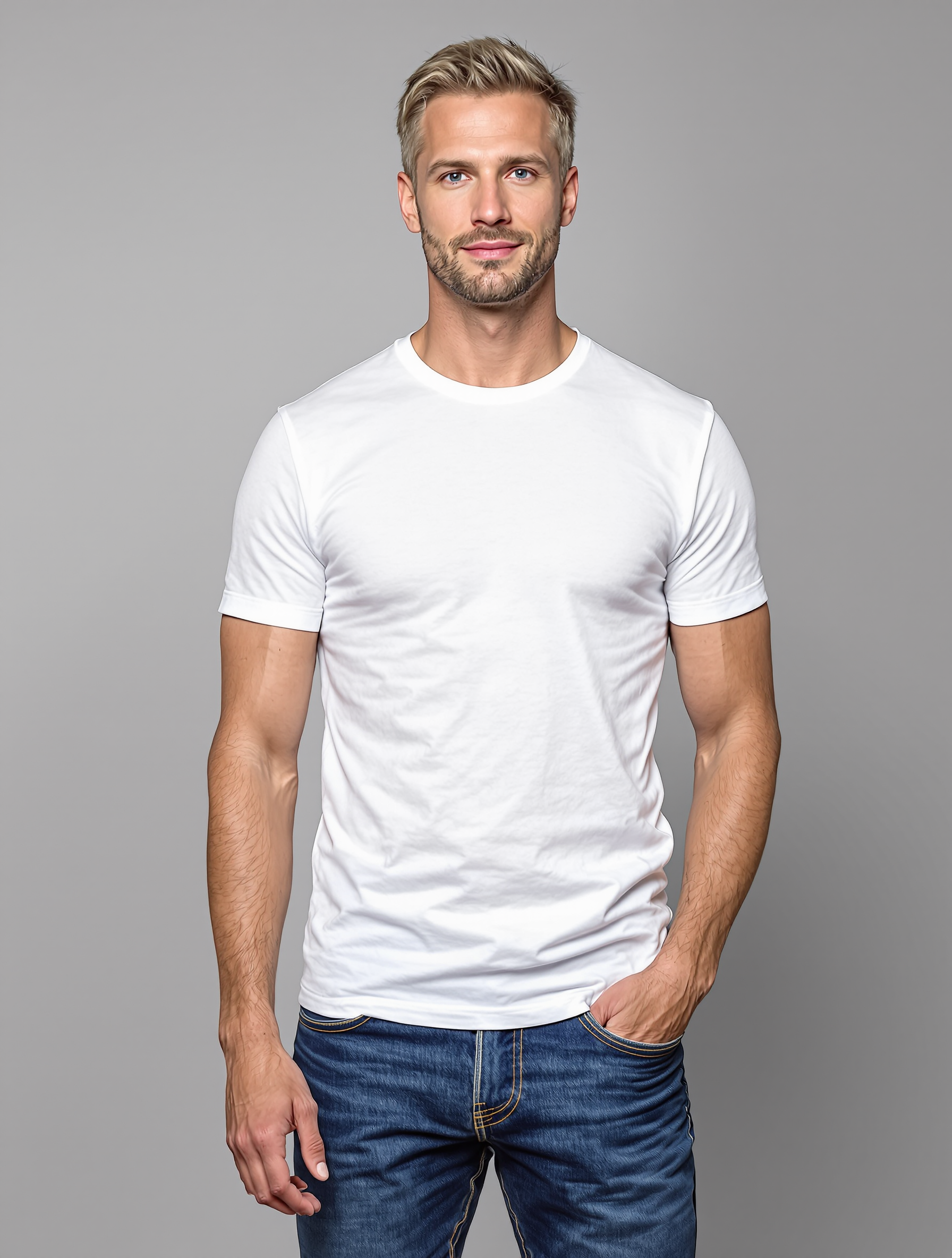 Man in white crew neck t-shirt and dark jeans portrait