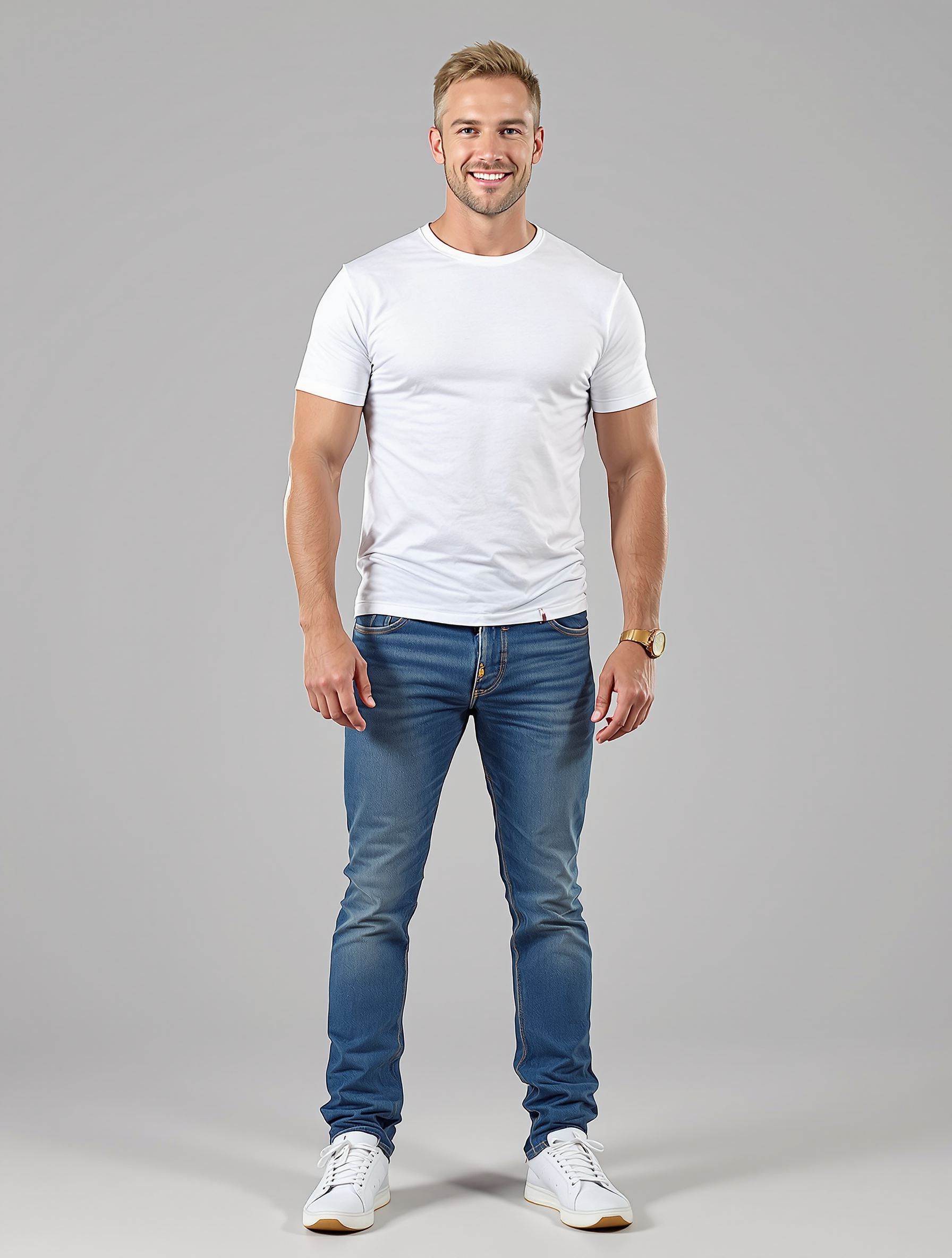 Man in white t-shirt and blue jeans standing against gray background