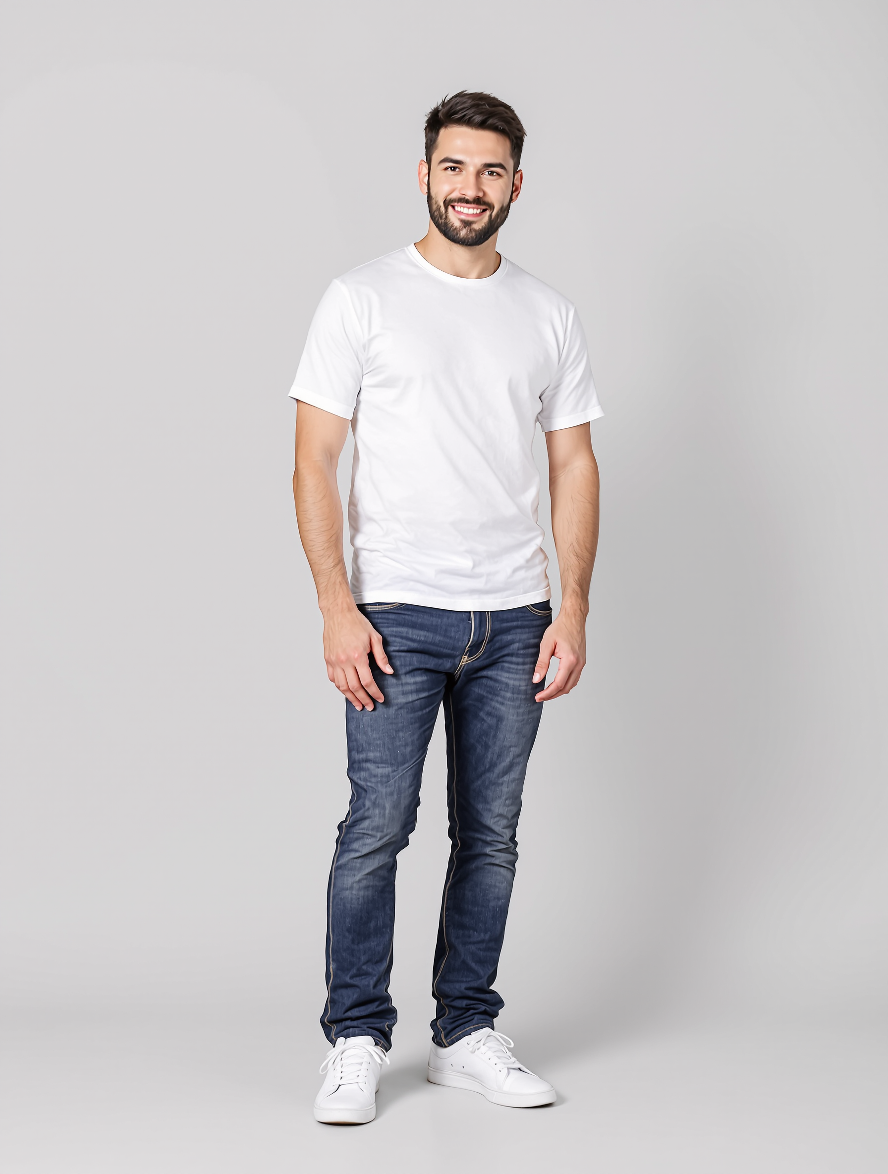 Man in white t-shirt and dark jeans standing against gray background
