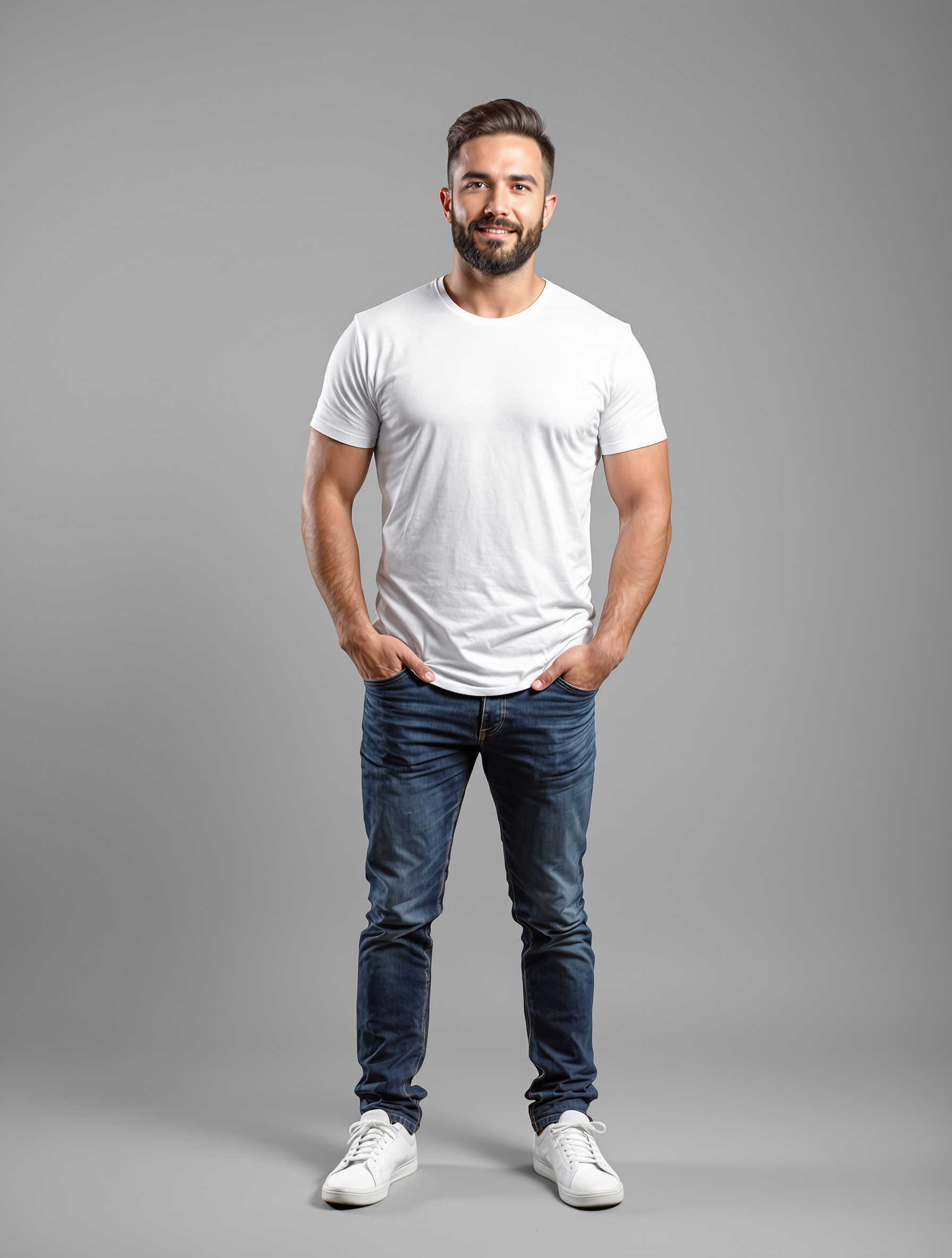 Man in white t-shirt and dark jeans standing portrait