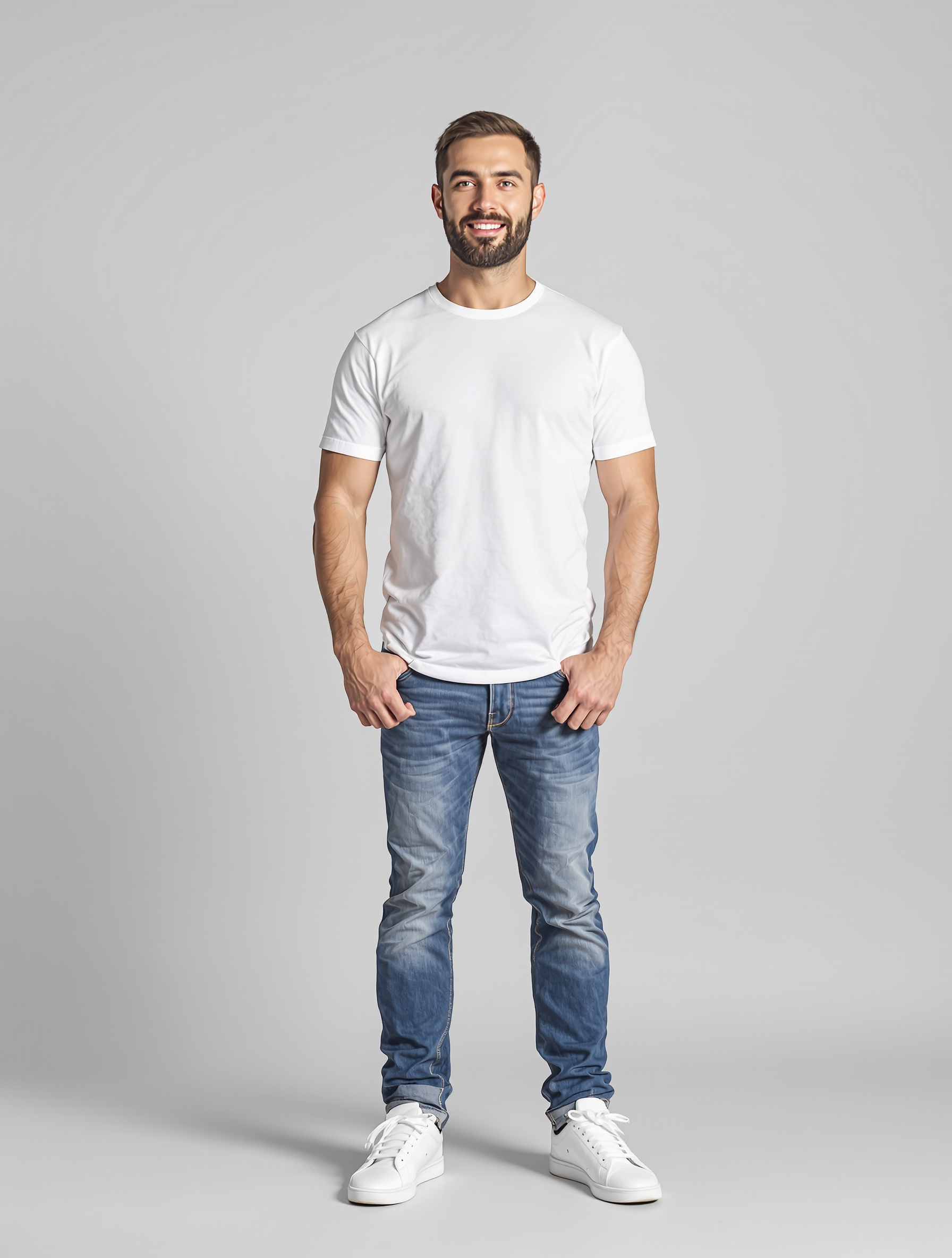 Man in white t-shirt and blue jeans standing against gray background