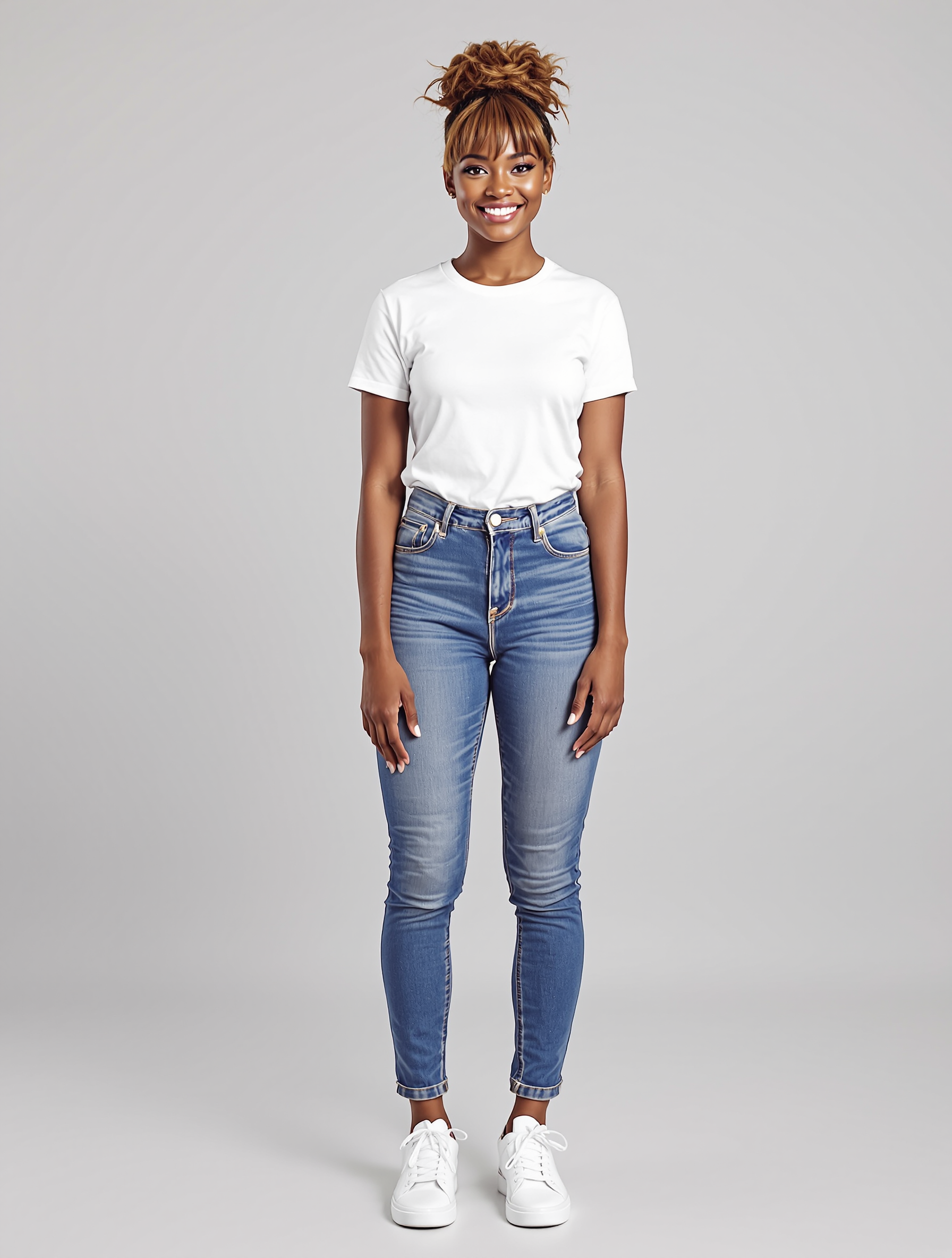 Person in white t-shirt and blue jeans with messy bun hairstyle