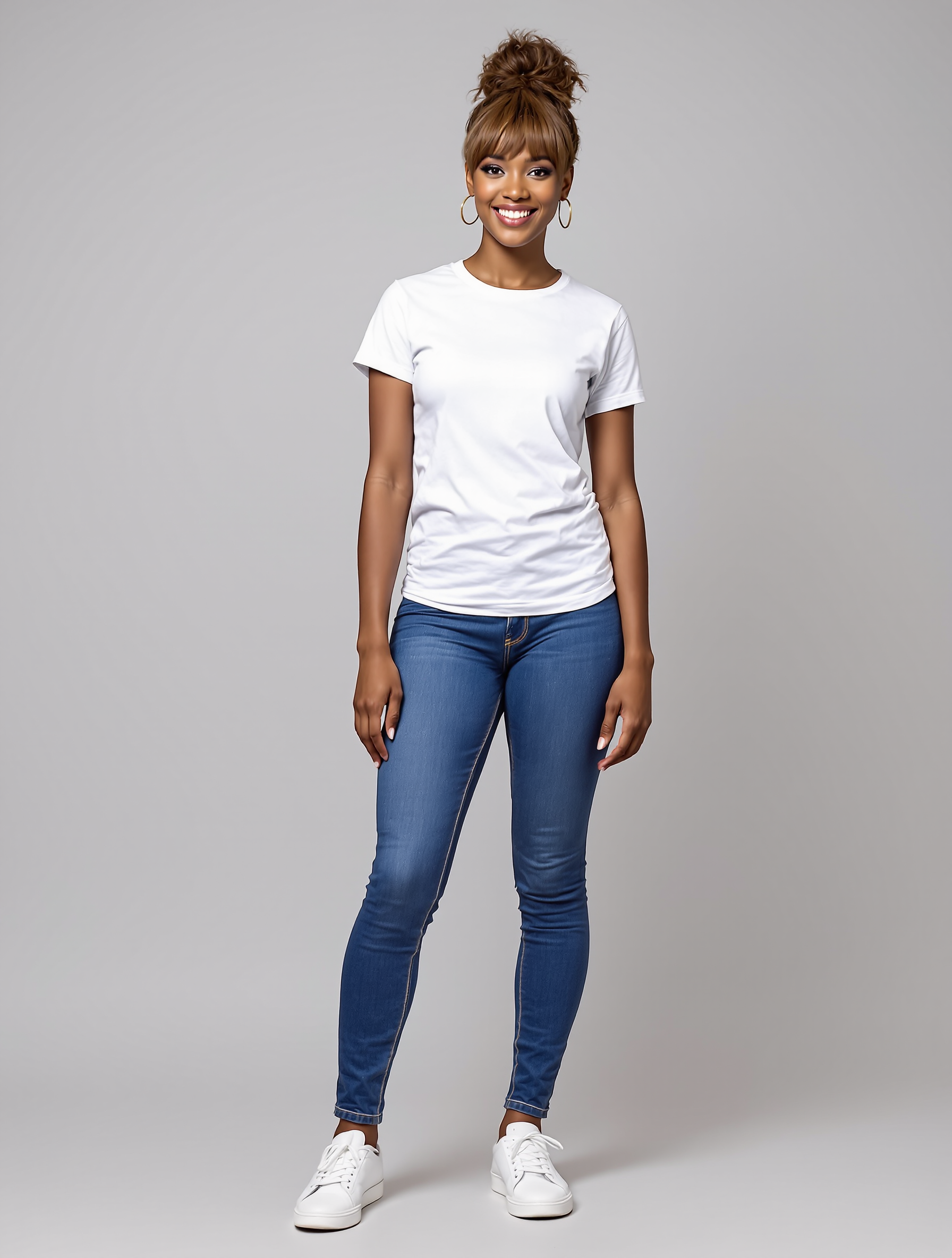 Woman in white t-shirt and blue jeans with top knot hairstyle