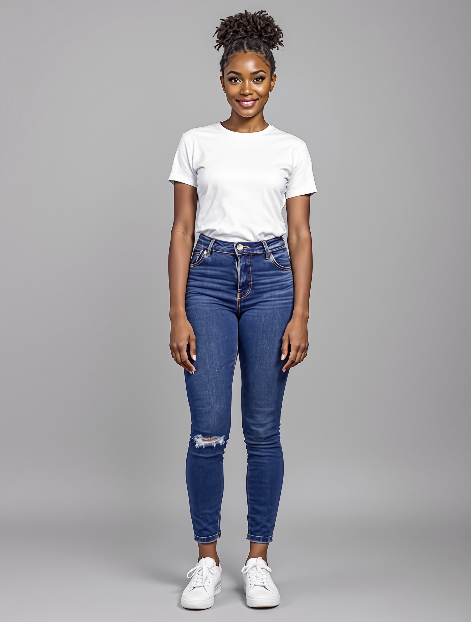 Woman in white tee and distressed blue jeans standing portrait