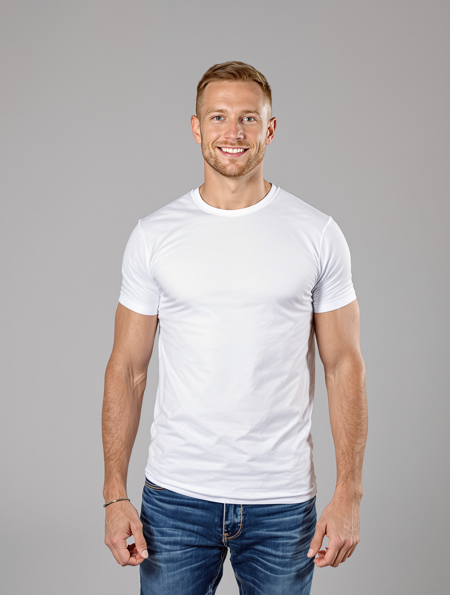 Man in white crewneck t-shirt and blue jeans smiling
