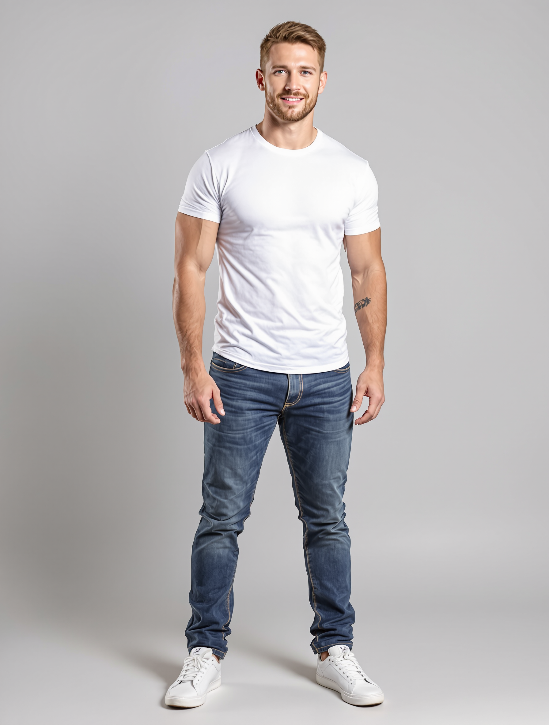 Man in white t-shirt and dark jeans with white sneakers
