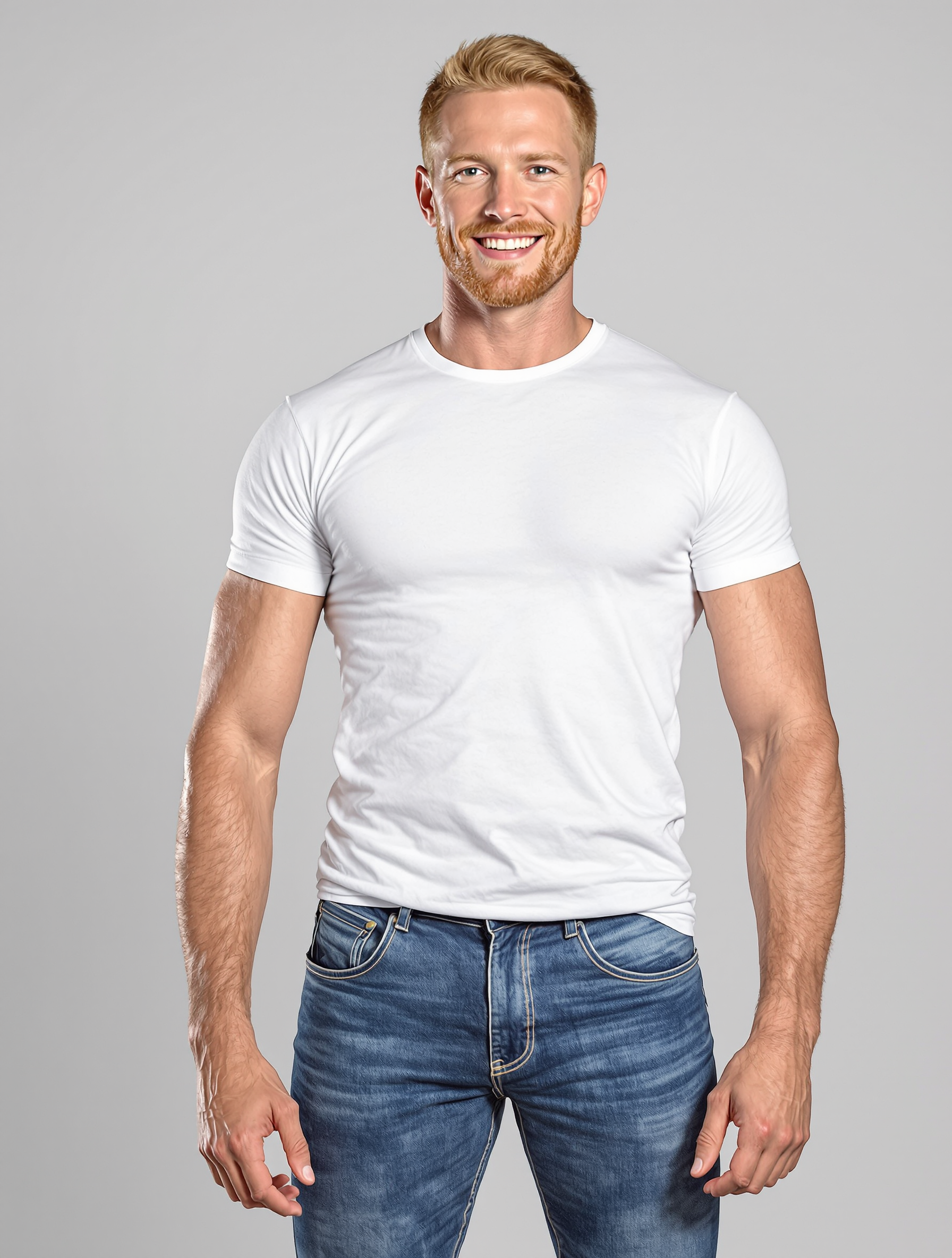 Man in white crew neck tee and blue jeans smiling
