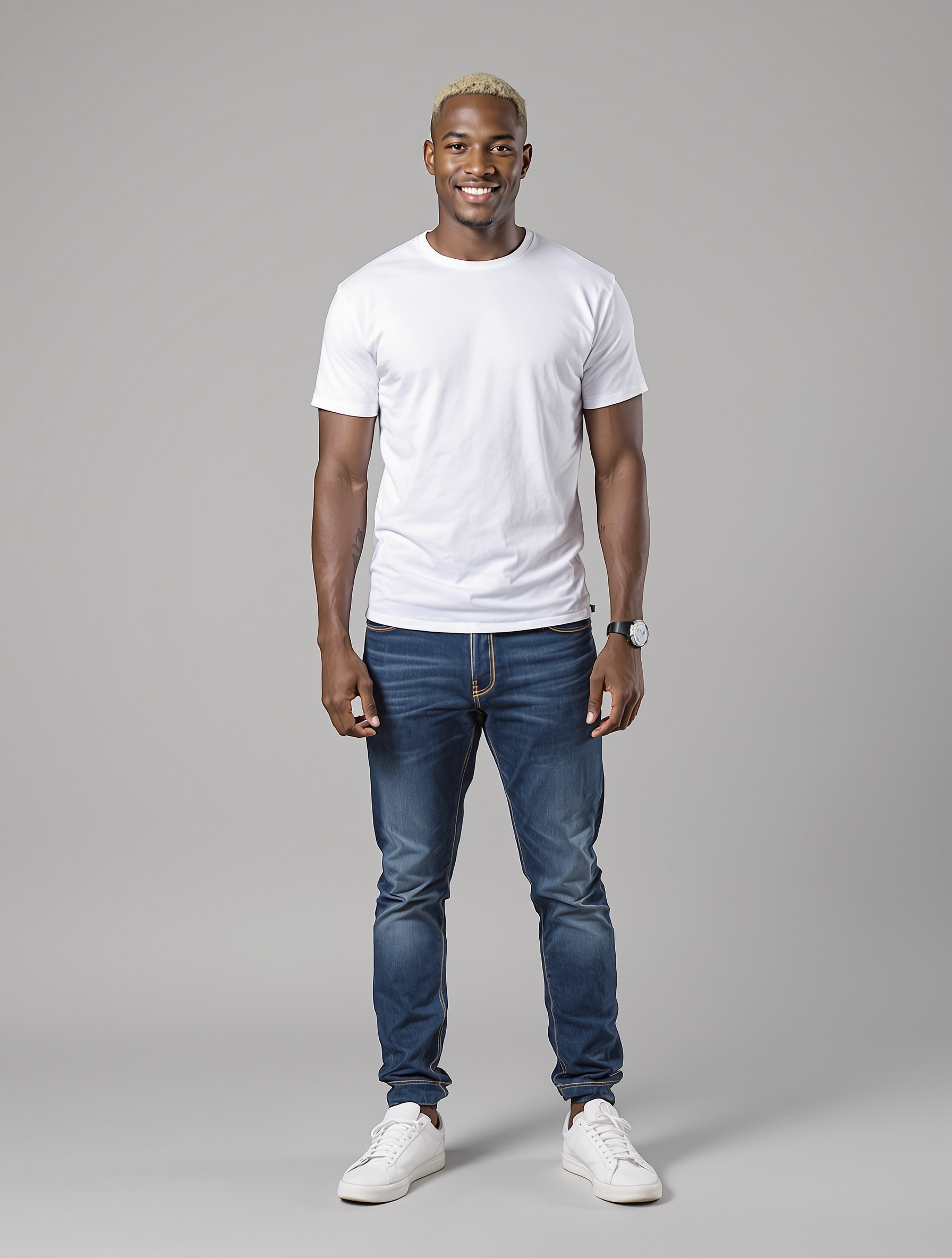 Man with bleached blonde hair in white t-shirt and dark jeans