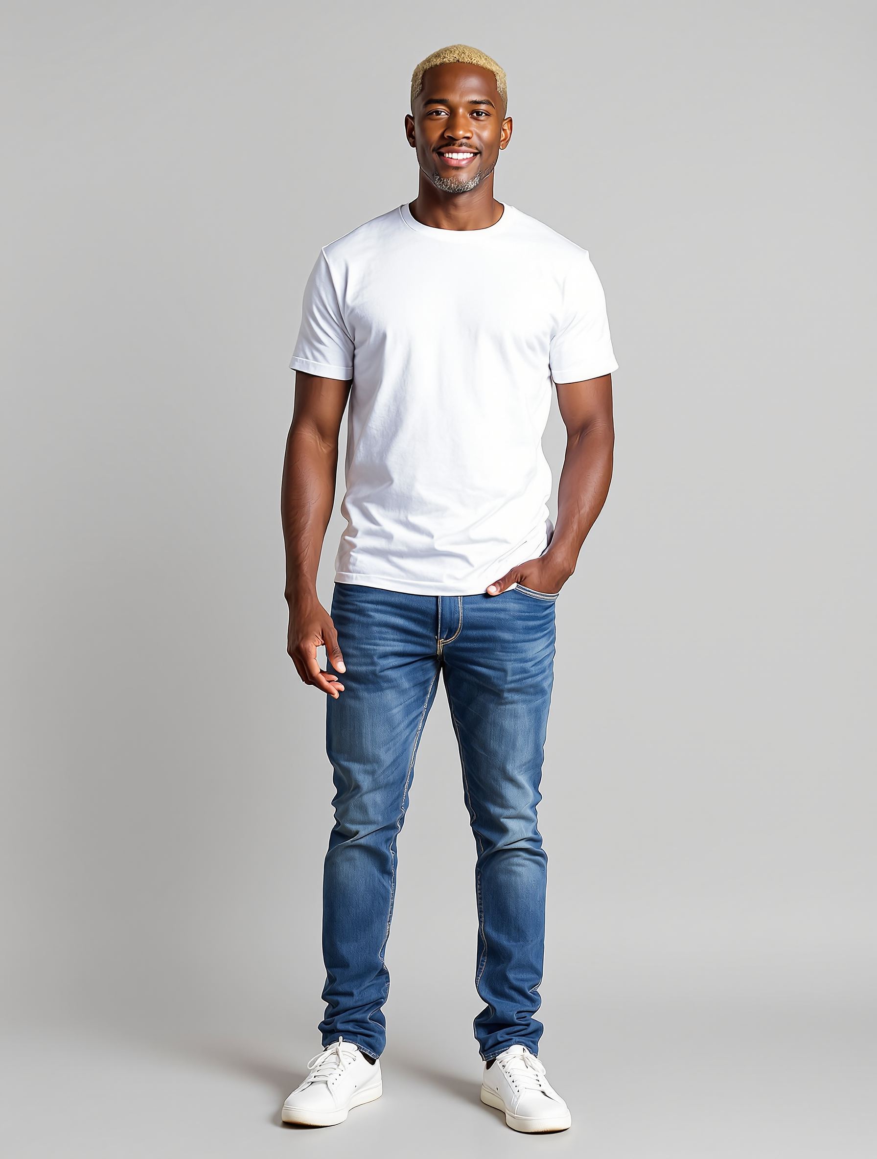 Man with bleached blonde hair in white tee and blue jeans