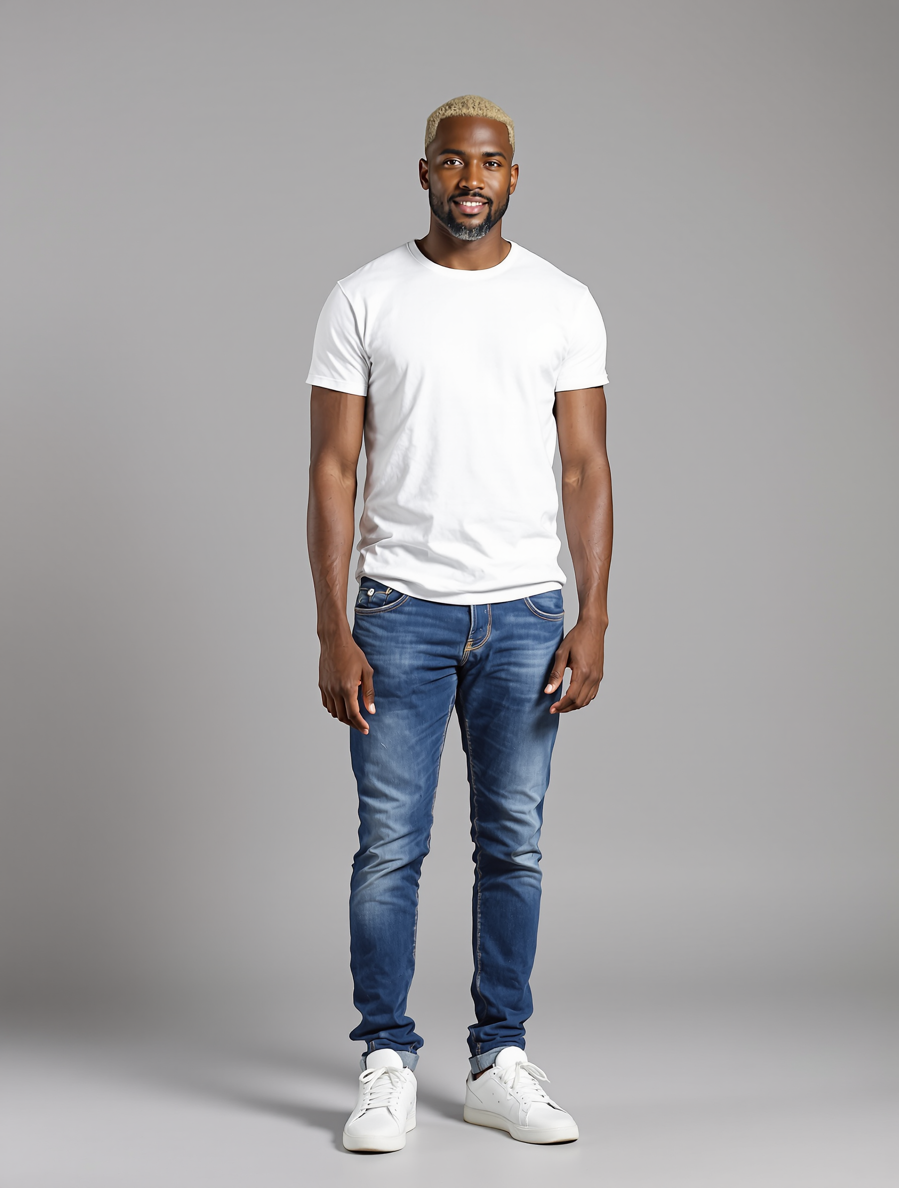 Man in white t-shirt and blue jeans with platinum blonde hair