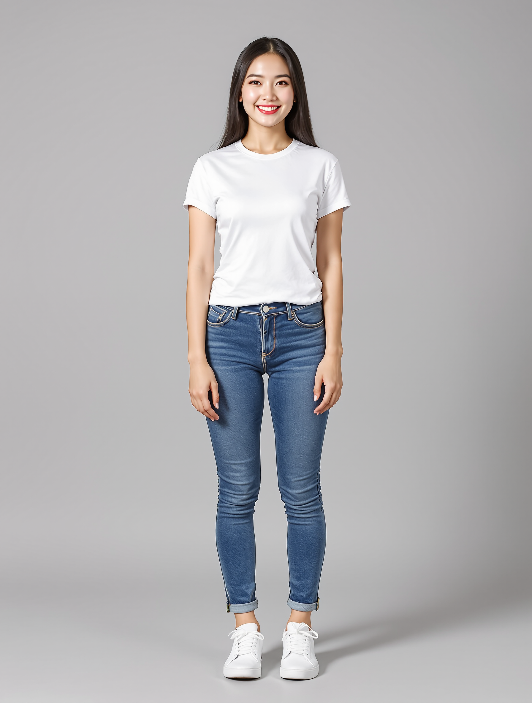 Woman in white t-shirt and blue jeans with white sneakers