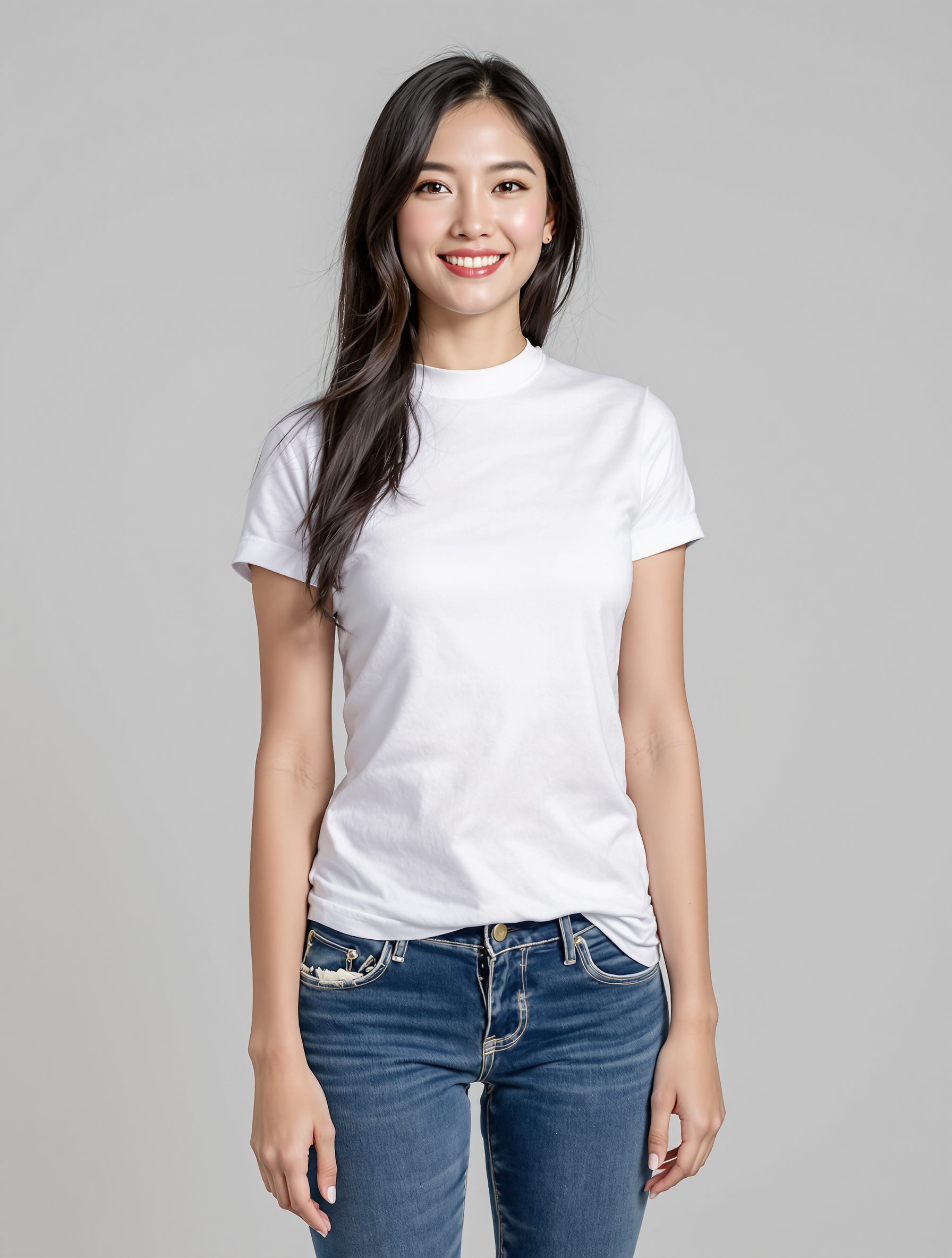 Woman in white crewneck tee and dark wash jeans smiling