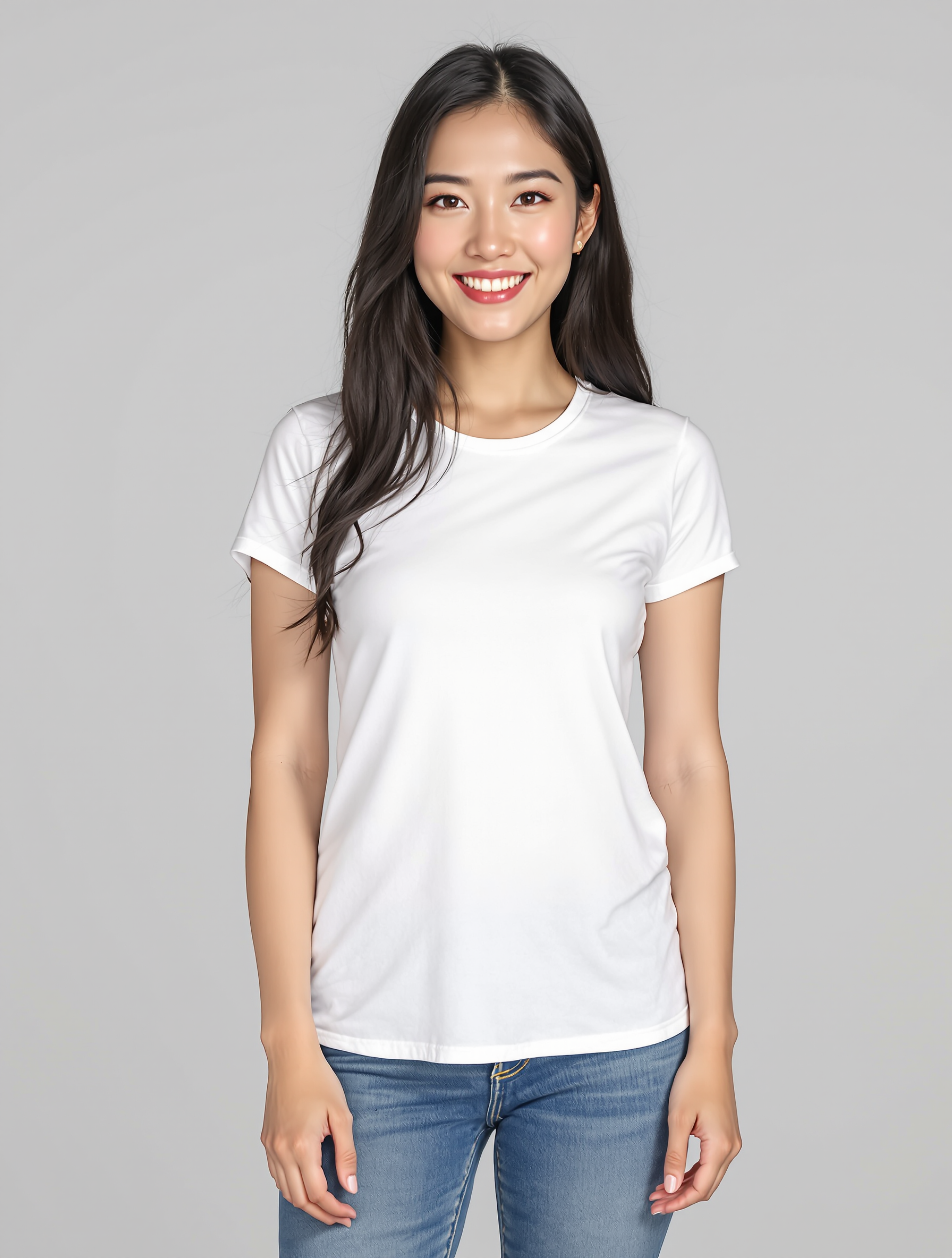 Woman in white crew neck t-shirt and blue jeans smiling