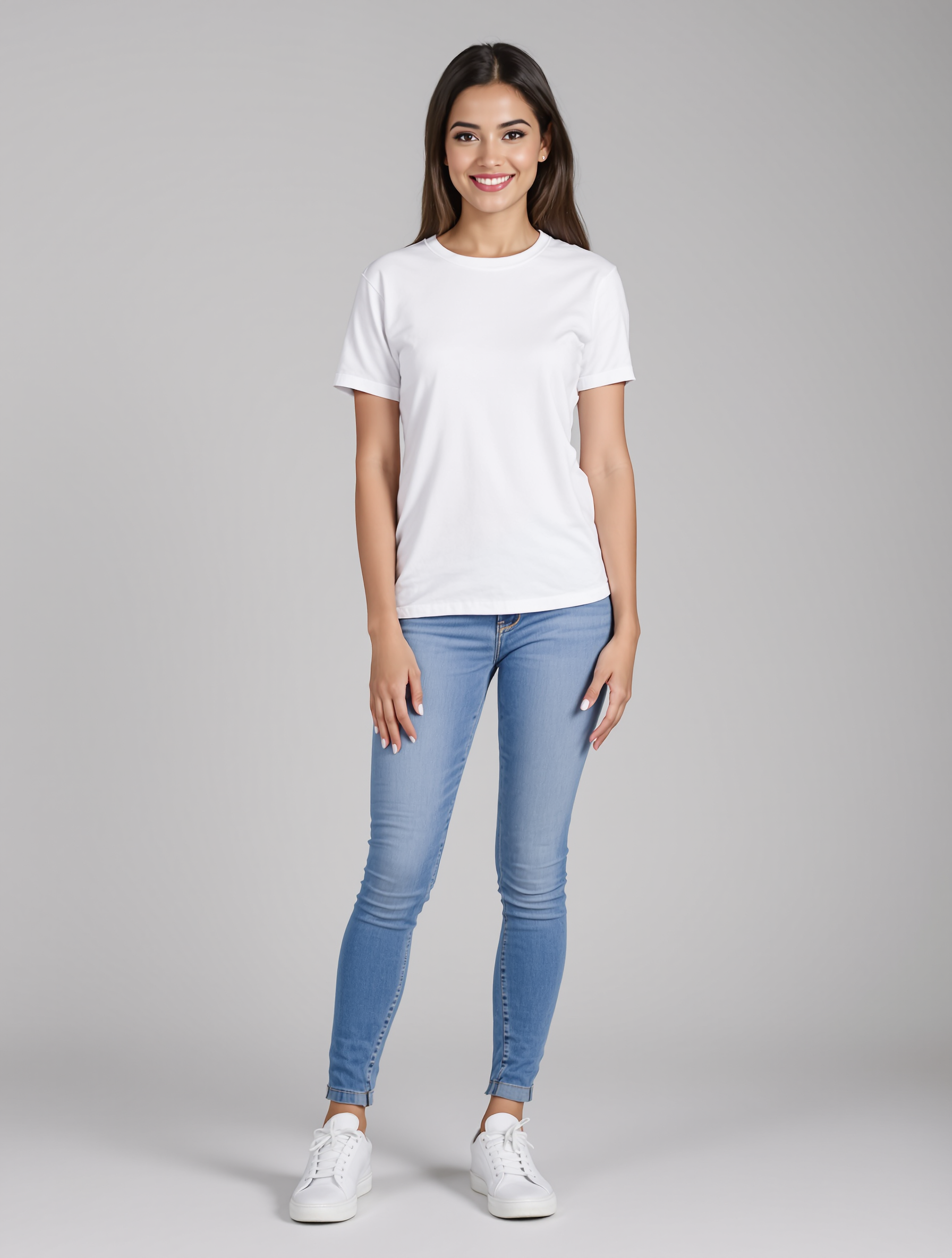 Woman in white crew neck tee and blue skinny jeans