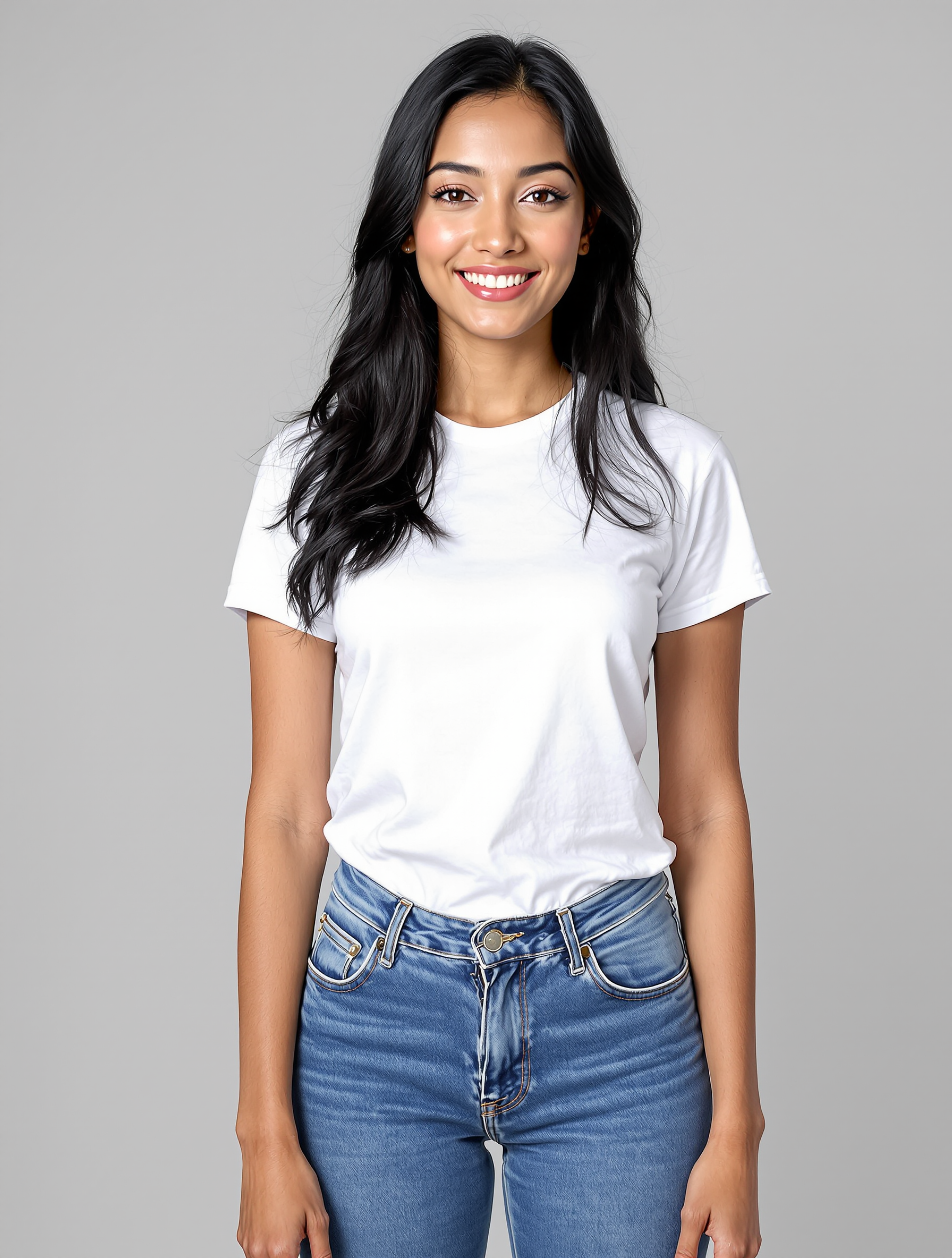 Person with long black hair wearing white t-shirt and blue jeans