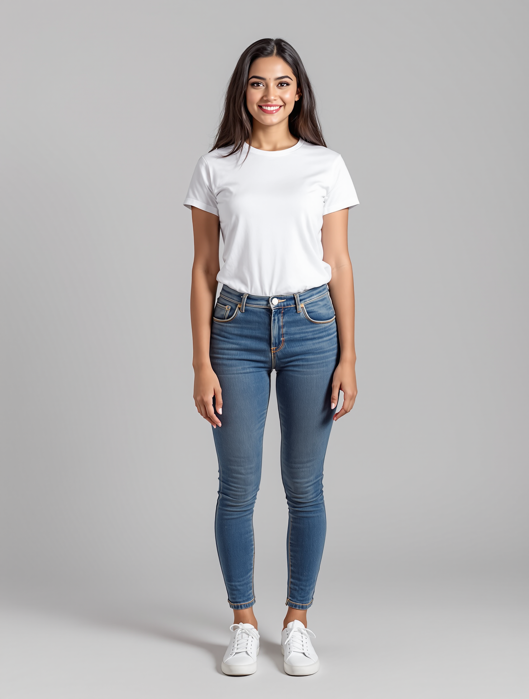 Woman in white t-shirt and blue skinny jeans with white sneakers