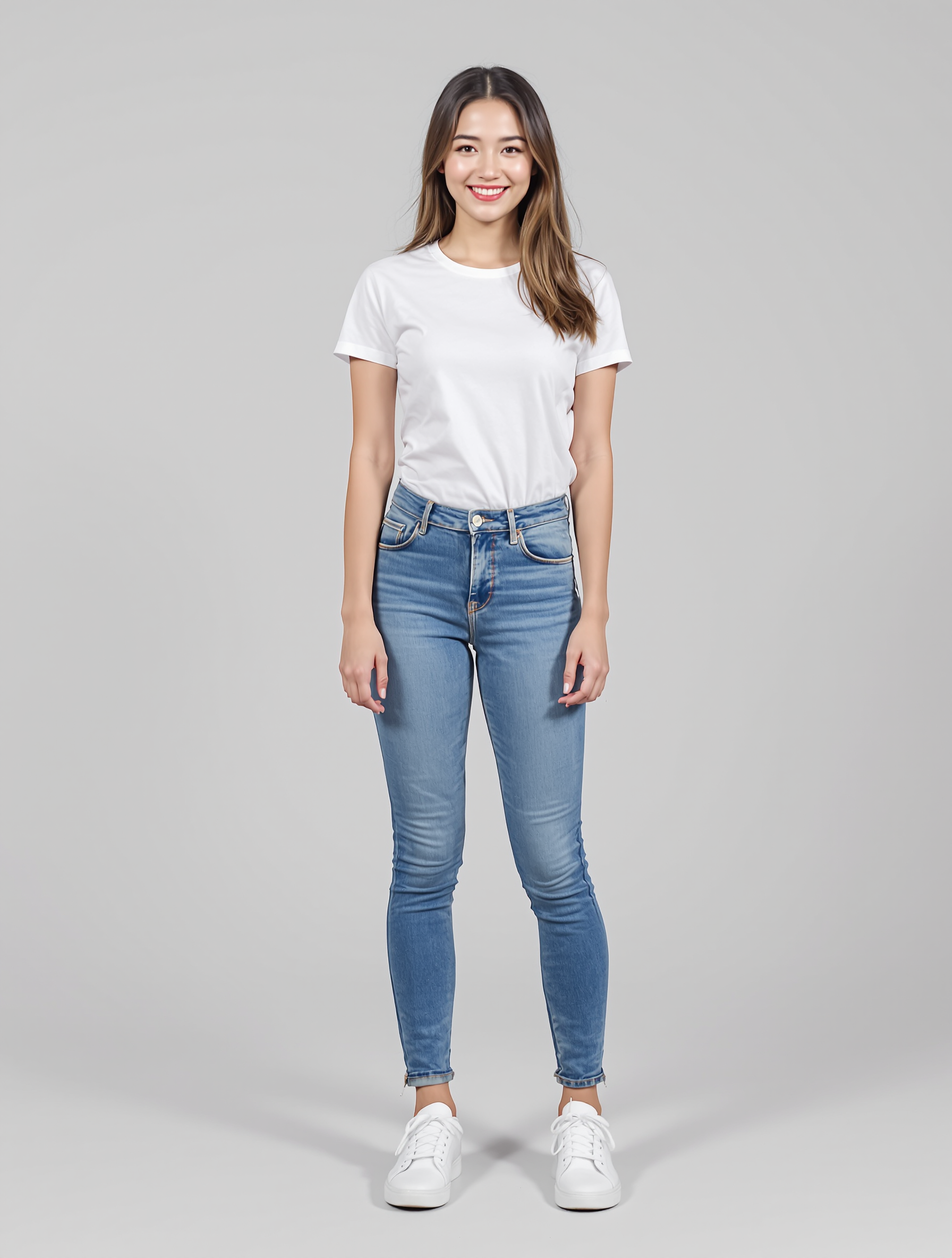 Woman in white t-shirt and blue skinny jeans with white sneakers