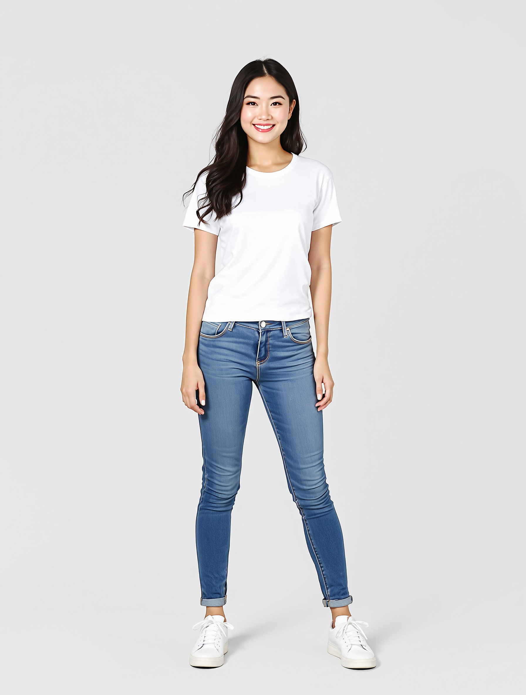 Woman in white t-shirt and blue jeans standing against neutral background