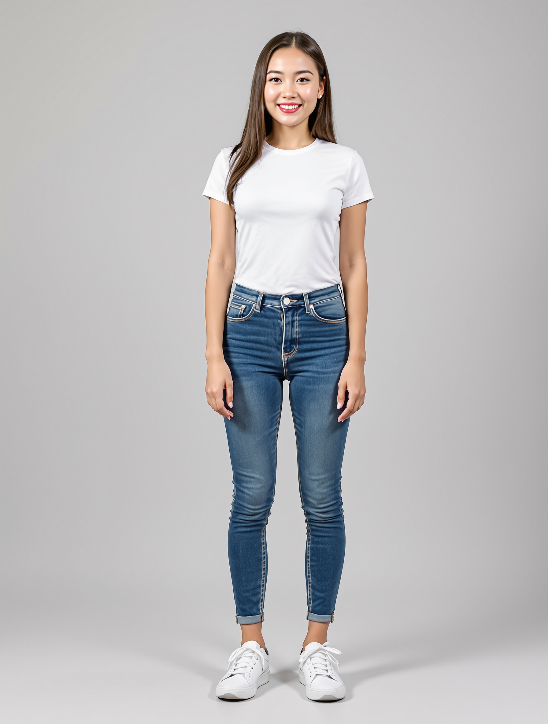 Person in white tee and cuffed blue jeans with white sneakers