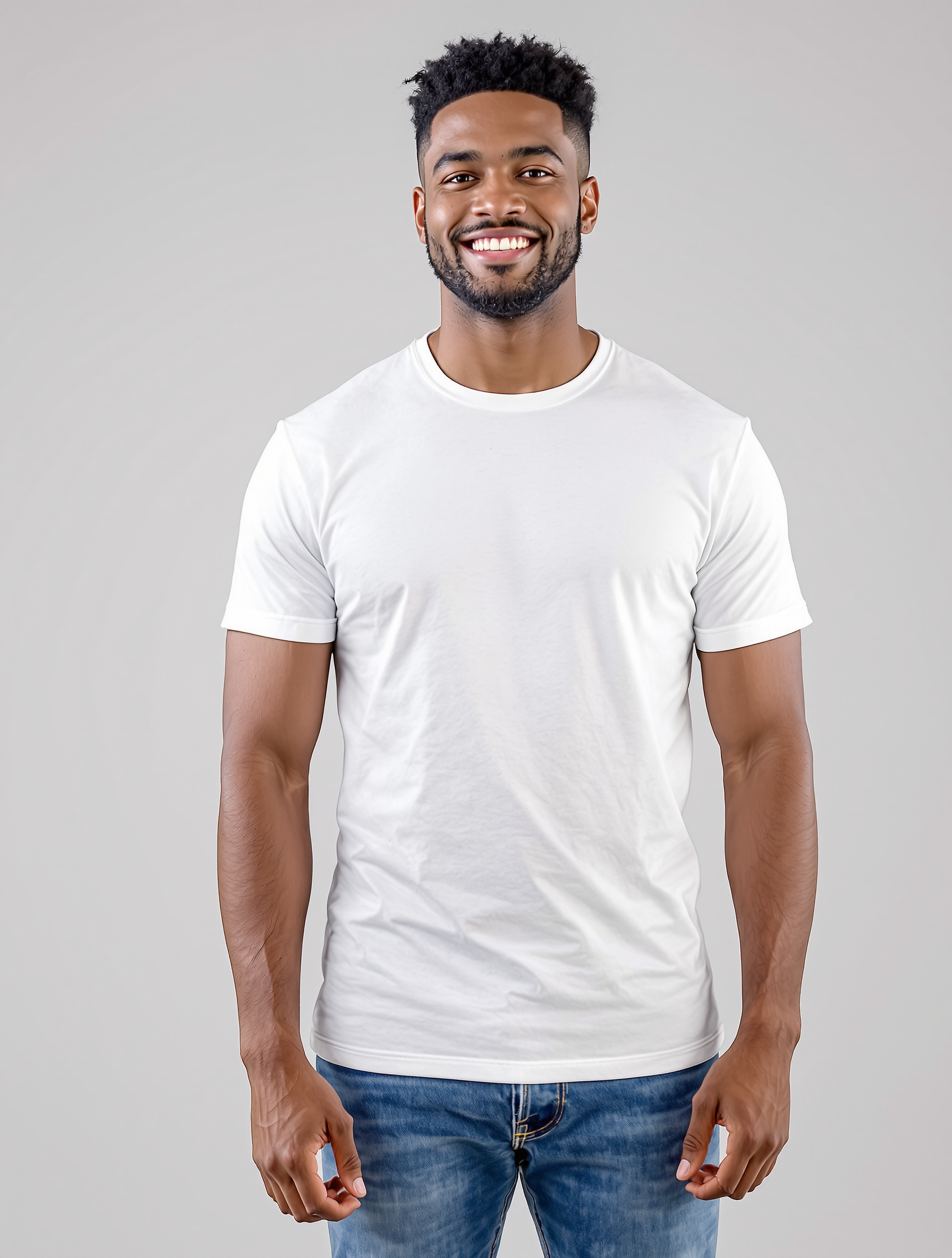 Man in white t-shirt and jeans smiling at camera