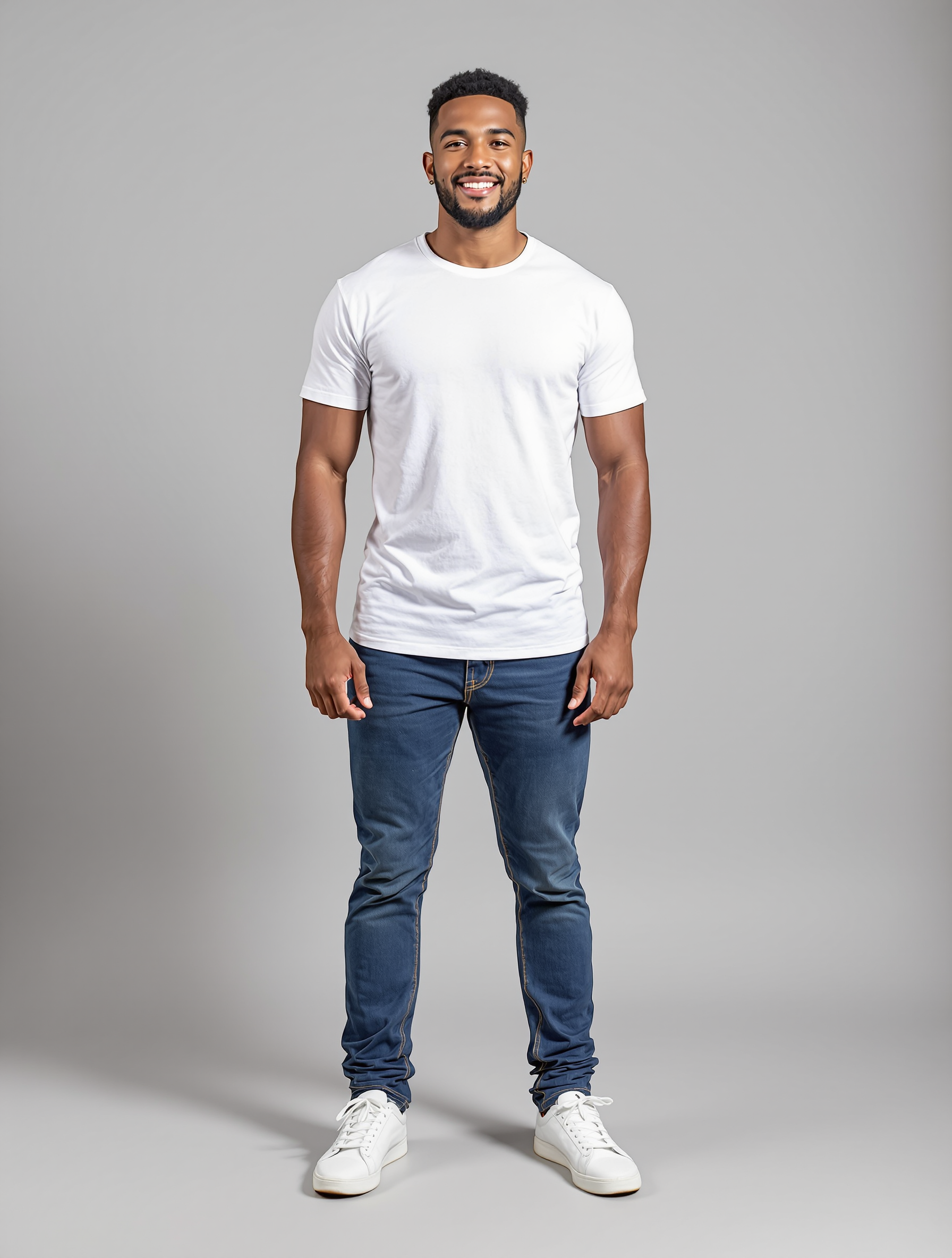 Man in white t-shirt and dark jeans smiling at camera