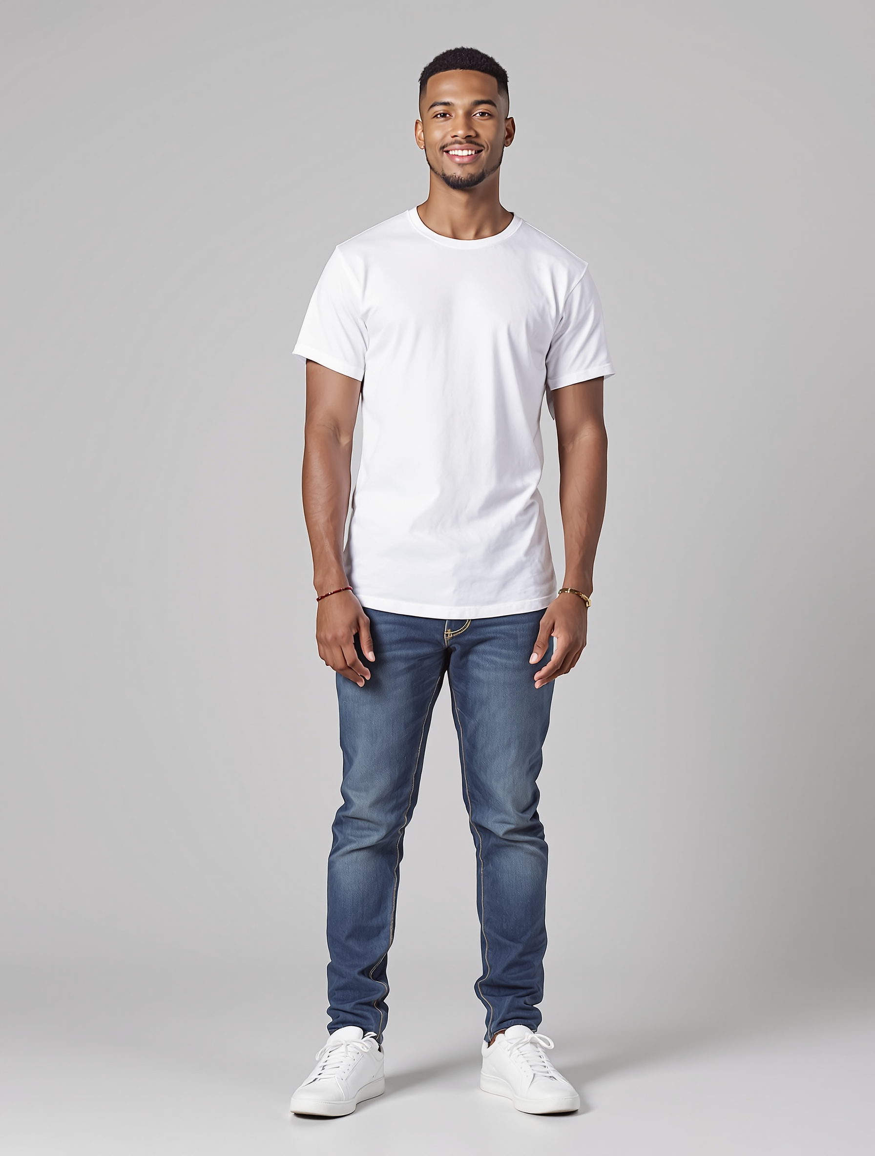 Man in white crew neck tee and blue jeans standing against gray background