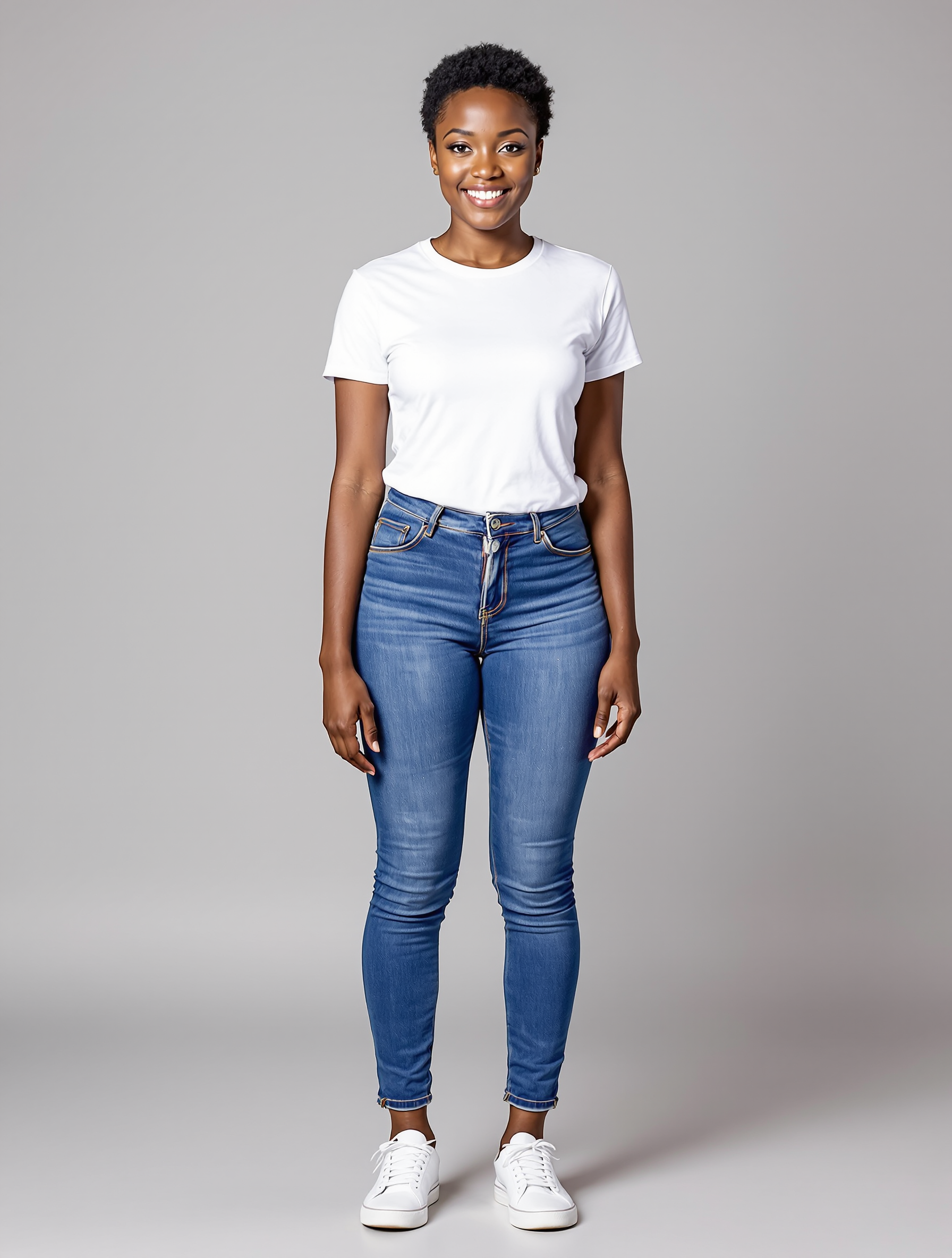 Woman in white t-shirt and blue skinny jeans with white sneakers