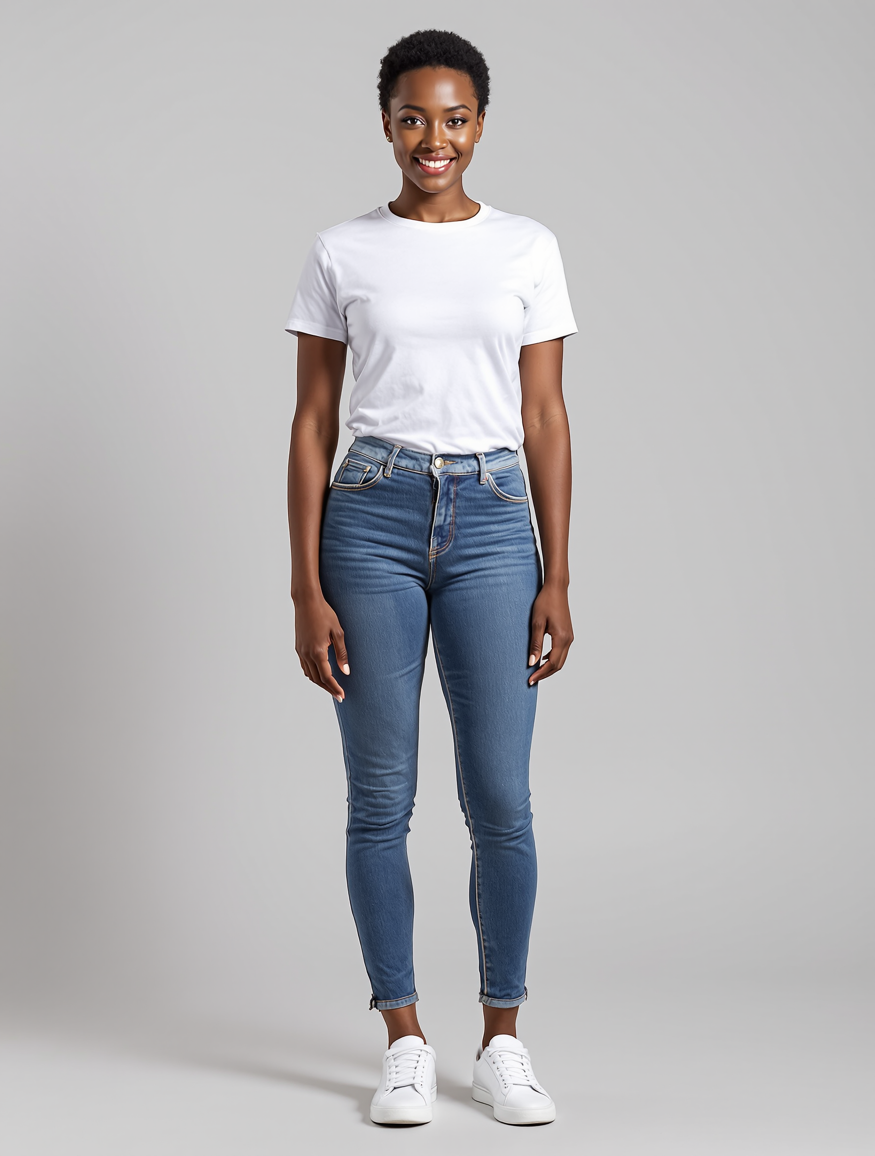 Person in white crew neck tee and blue skinny jeans with white sneakers