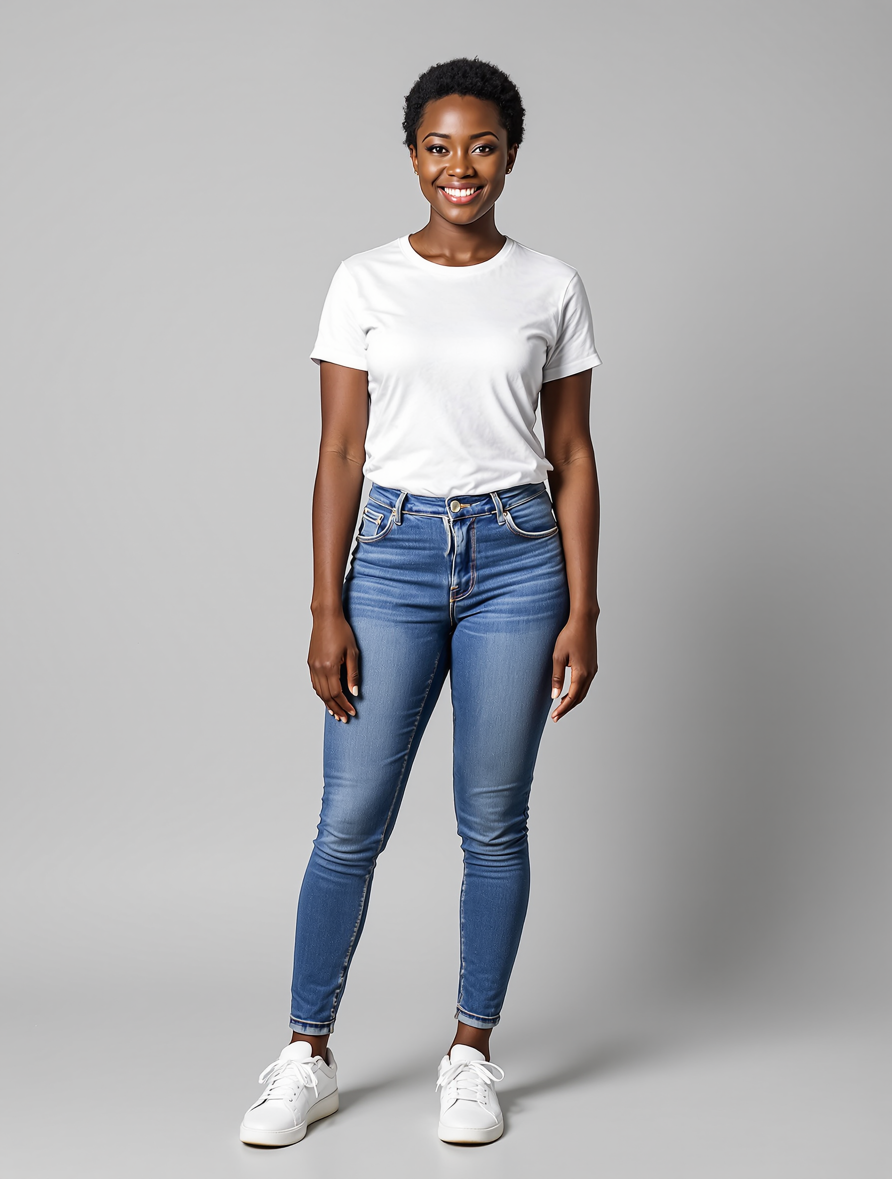 Woman in white t-shirt and blue jeans smiling at camera
