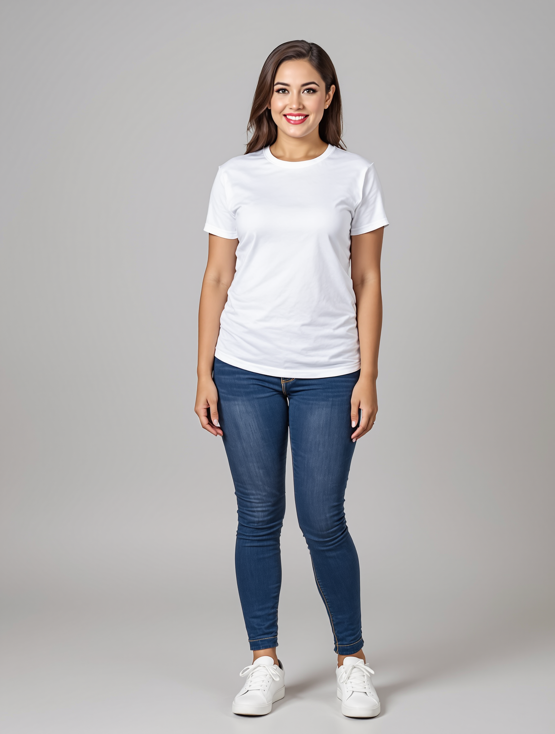 Woman in white t-shirt and dark blue skinny jeans standing portrait