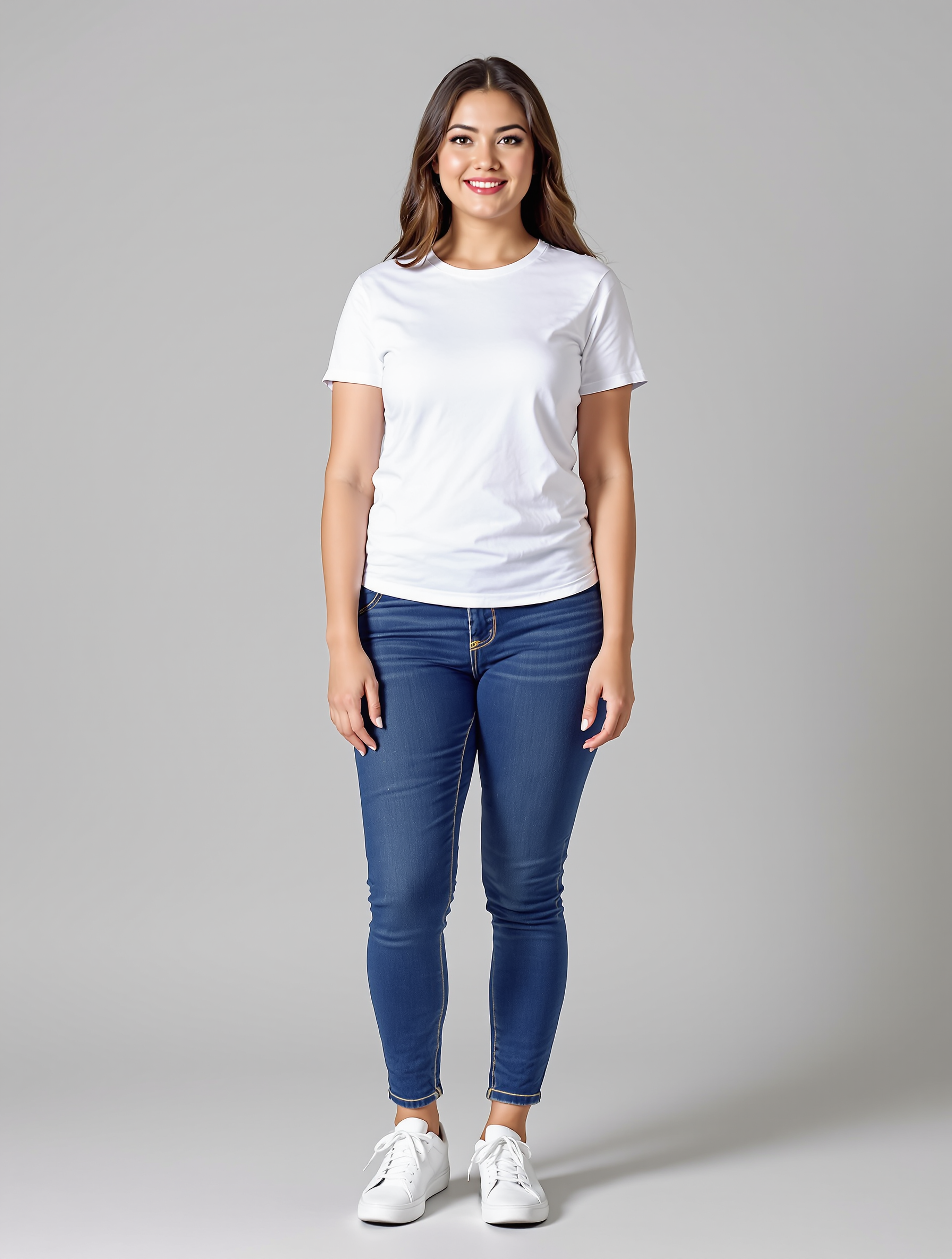 Woman in white t-shirt and blue jeans with white sneakers