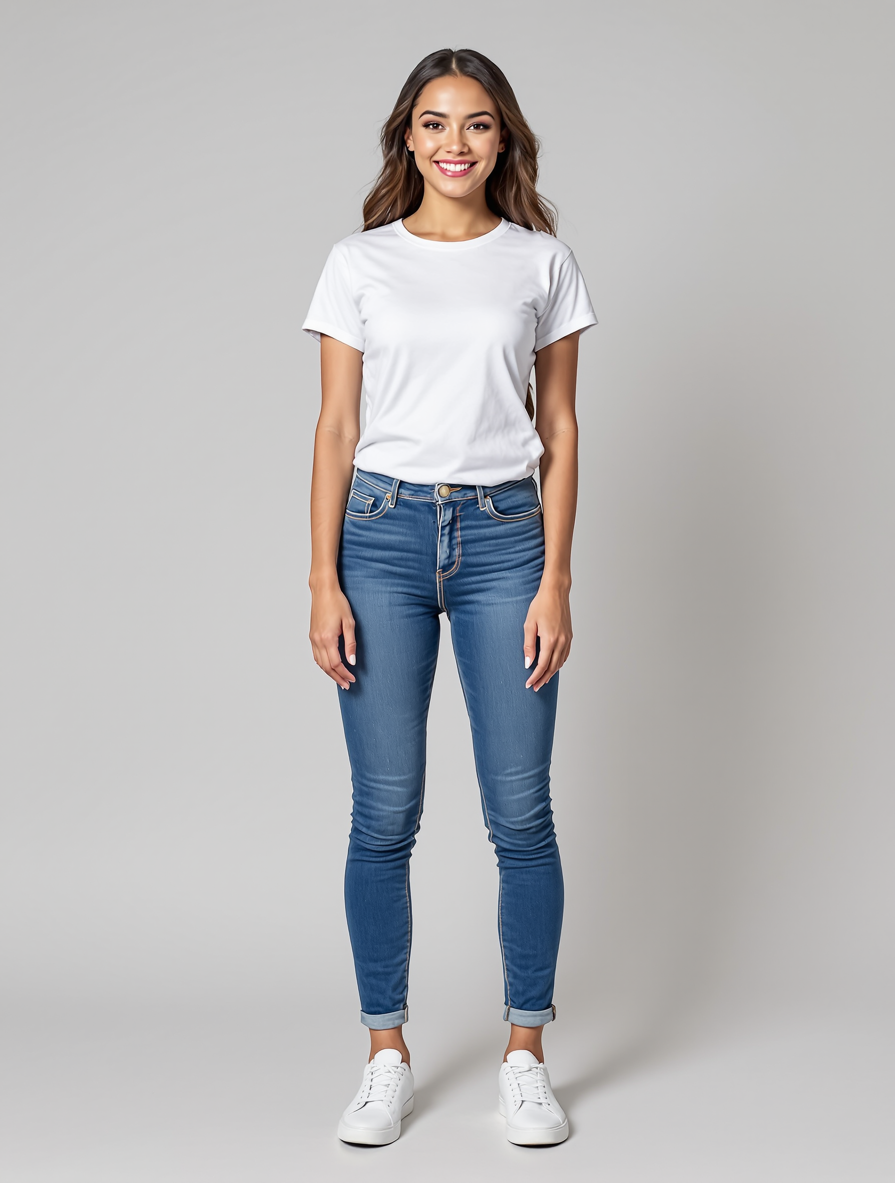 Woman in white t-shirt and blue jeans with rolled cuffs