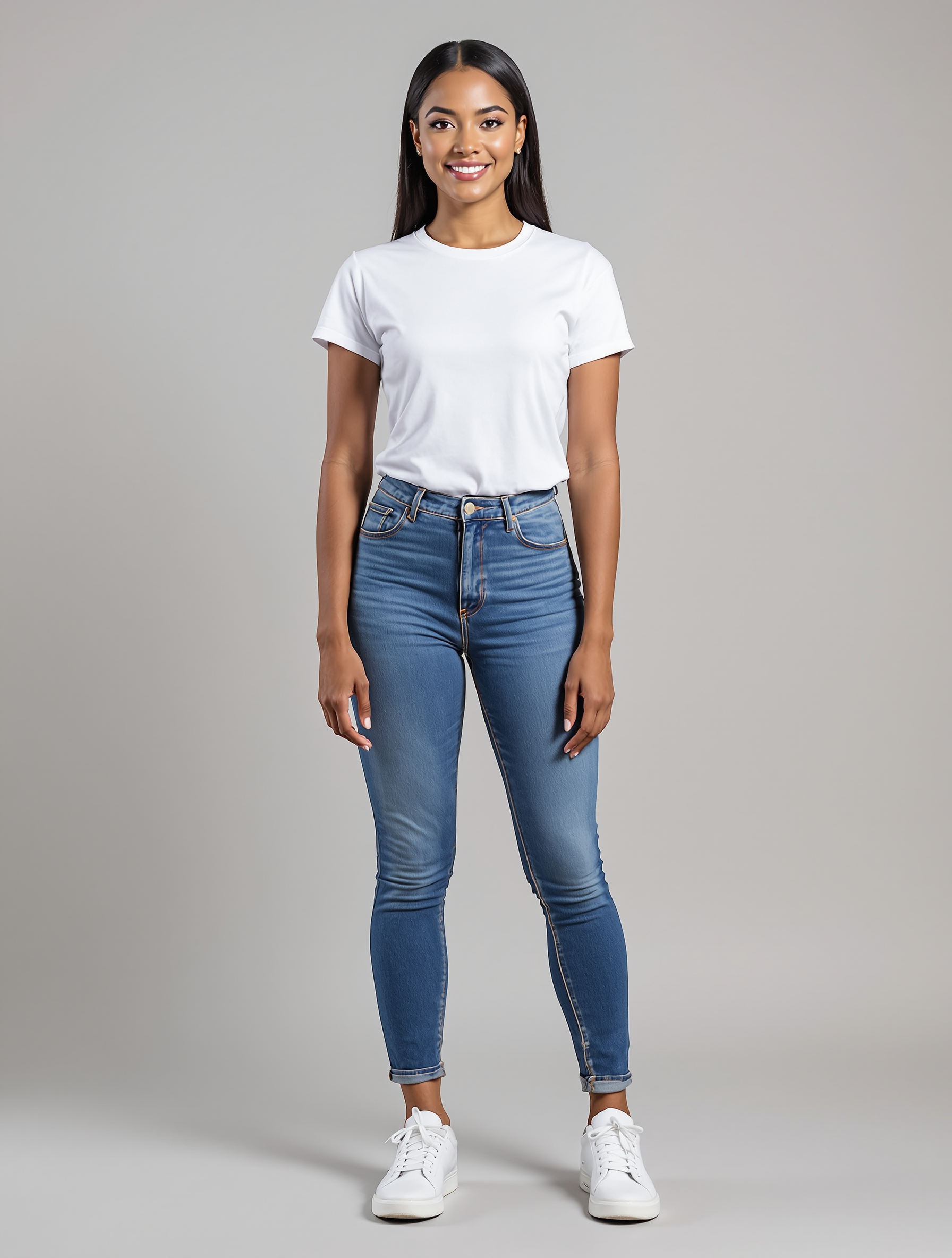 Woman in white t-shirt and blue skinny jeans with white sneakers