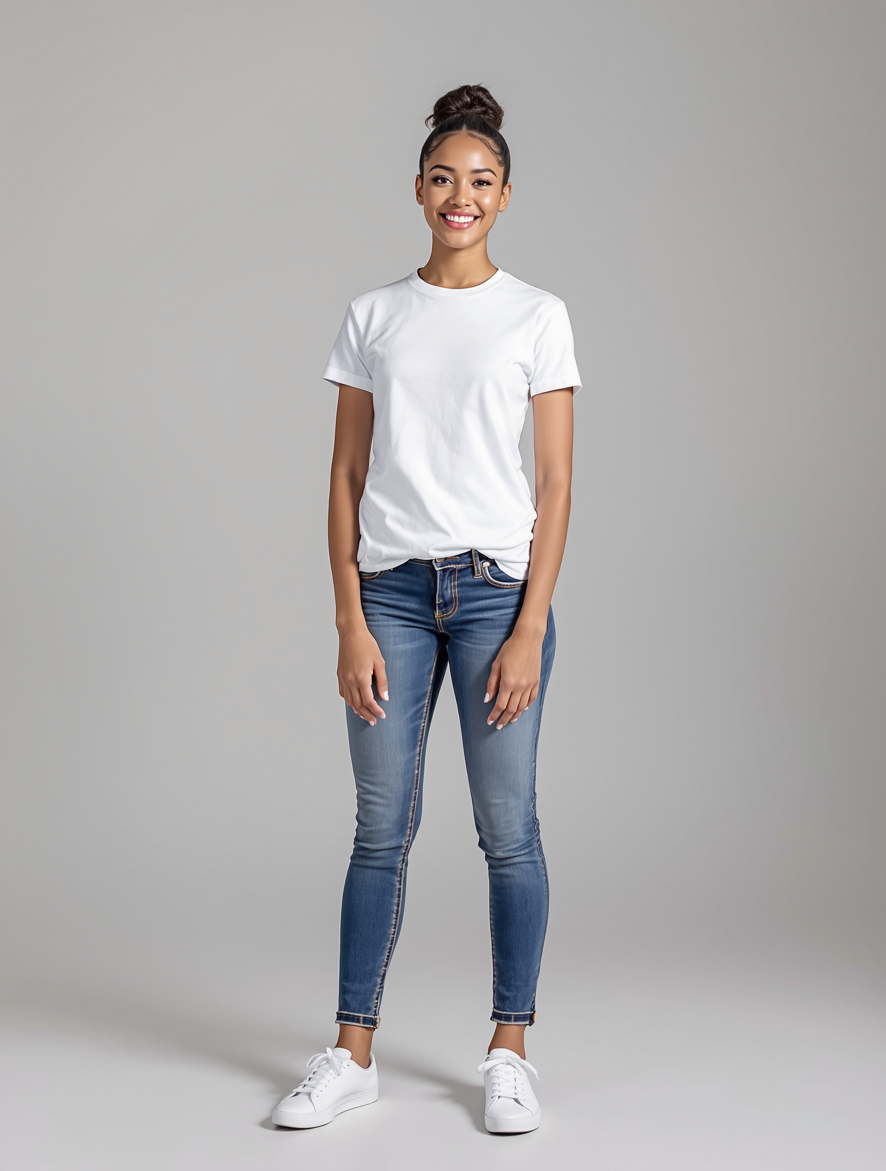 Person in white t-shirt and blue jeans with white sneakers