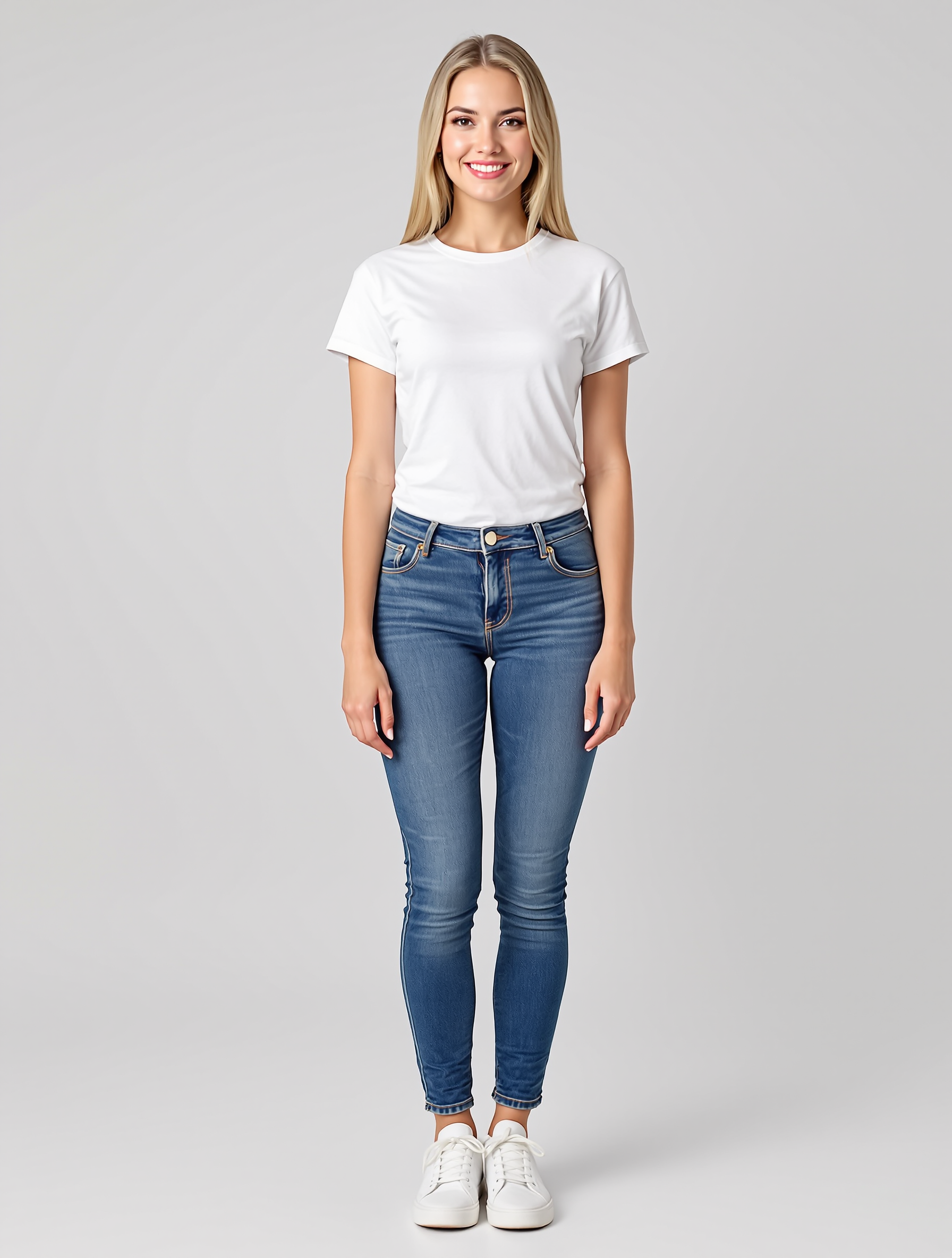 Woman in white t-shirt and blue skinny jeans standing