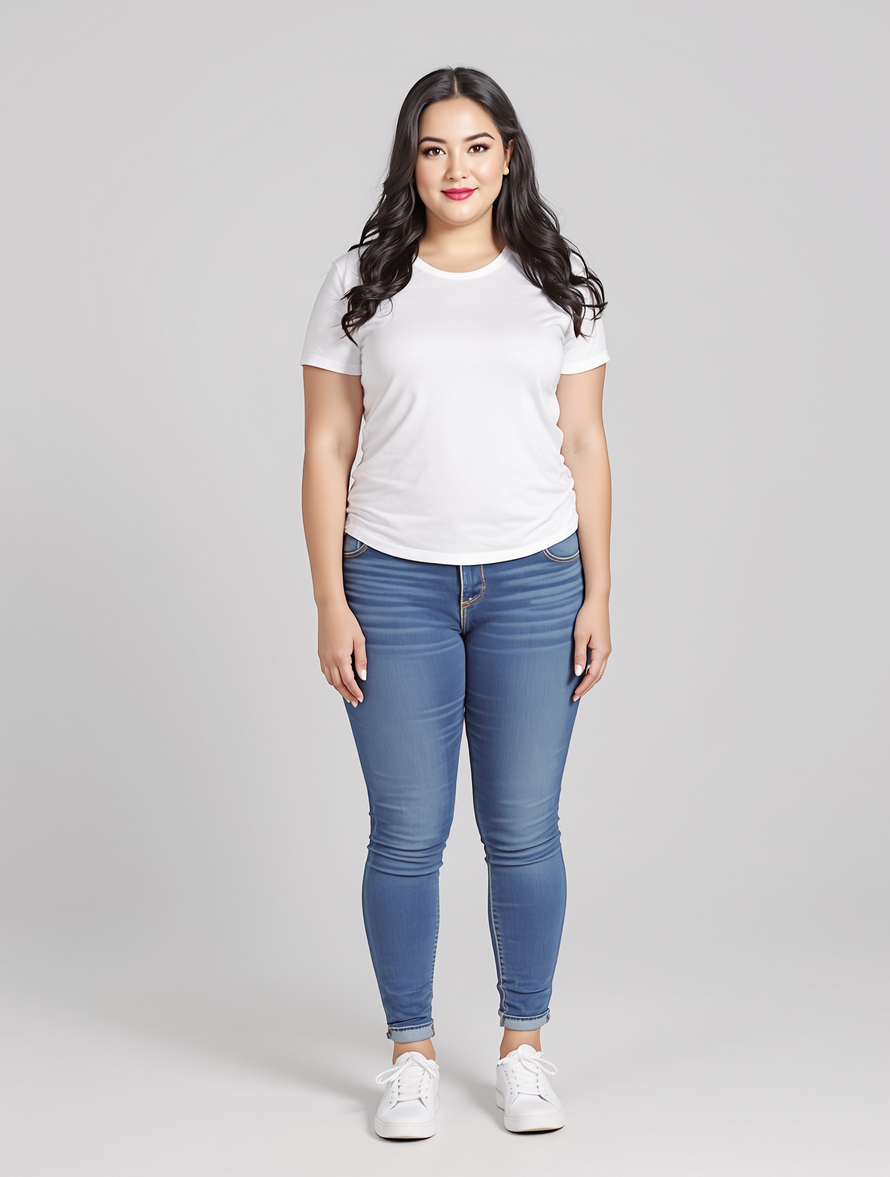 Woman in white t-shirt and blue skinny jeans with white sneakers